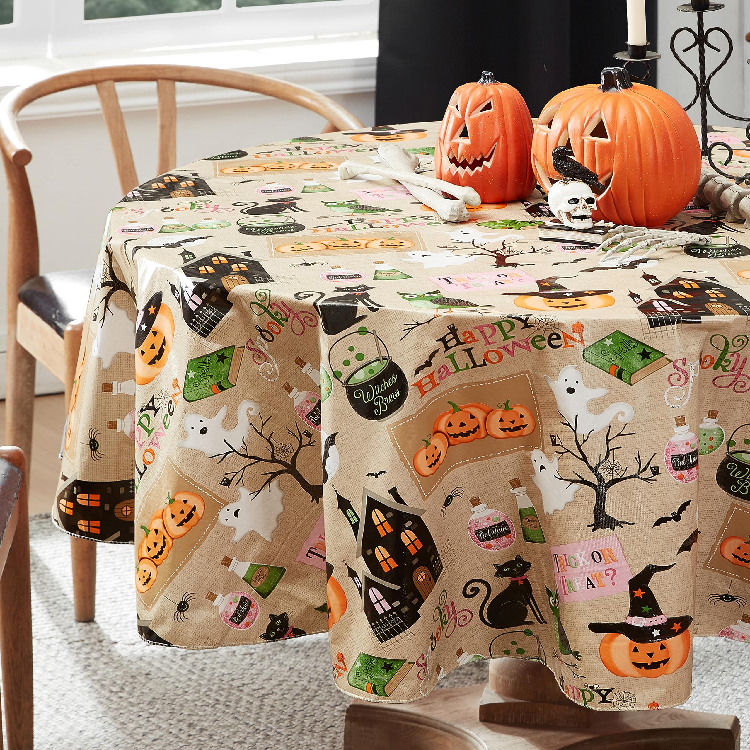Newbridge Happy Halloween Witches Brew 60 x 84 Inch Oval Vinyl Tablecloth with Flannel Backing