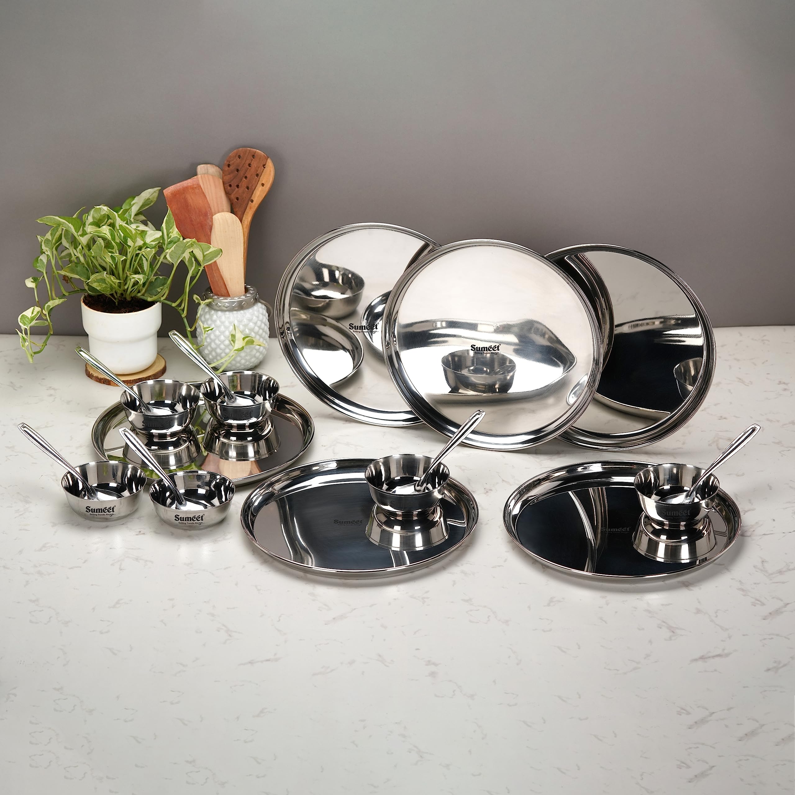 Sumeet Solid Stainless Steel Heavy Gauge Mirror Finish Dinner Set Of 18 Pcs (6 Plate  6 Bowl Wati  6 Spoon)  Silver