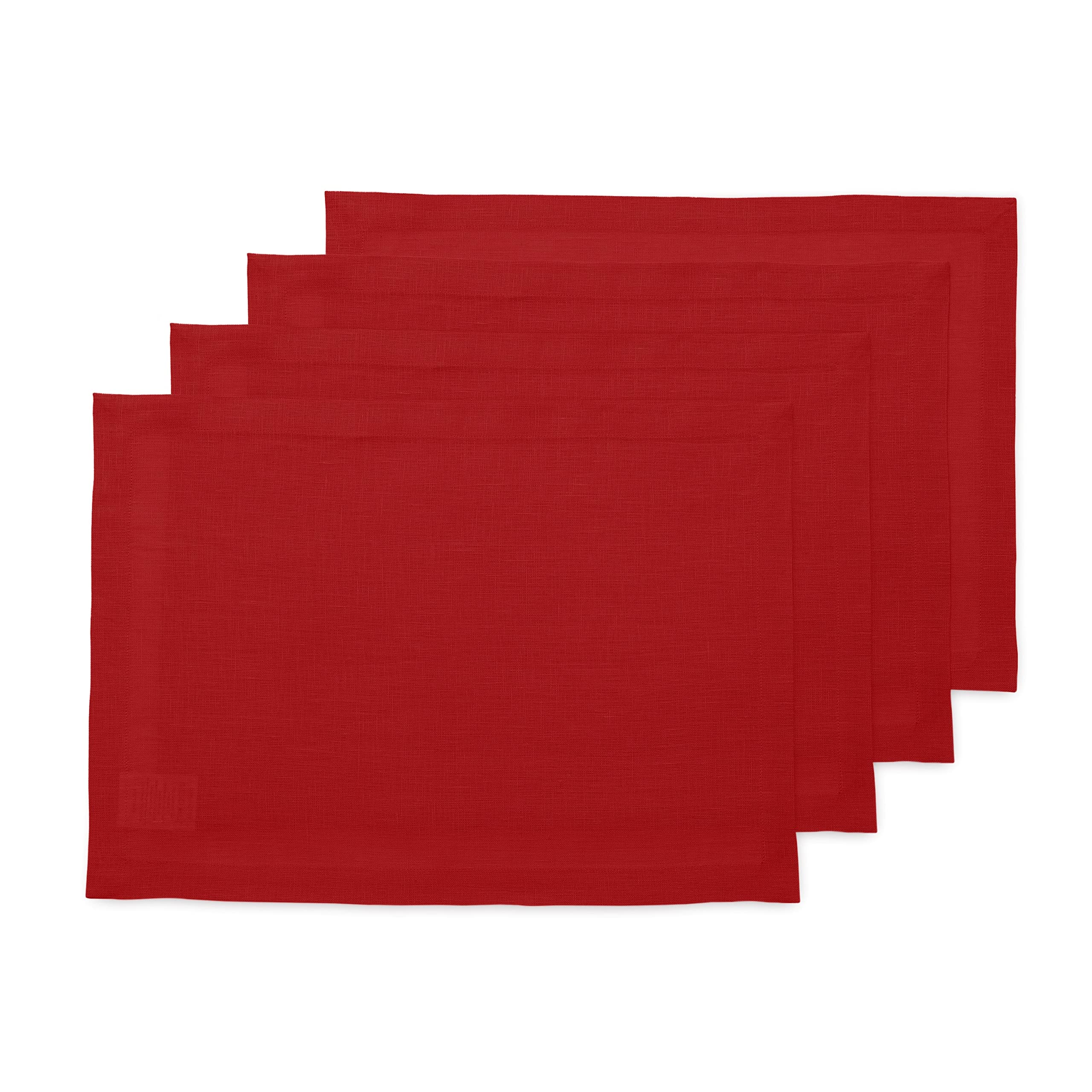 Solino Home Linen Placemats 19'' L X 14'' W Inch - 100% Pure Linen Red Cloth Placemats Set Of 4 - Fete, Washable Fabric Place Ma