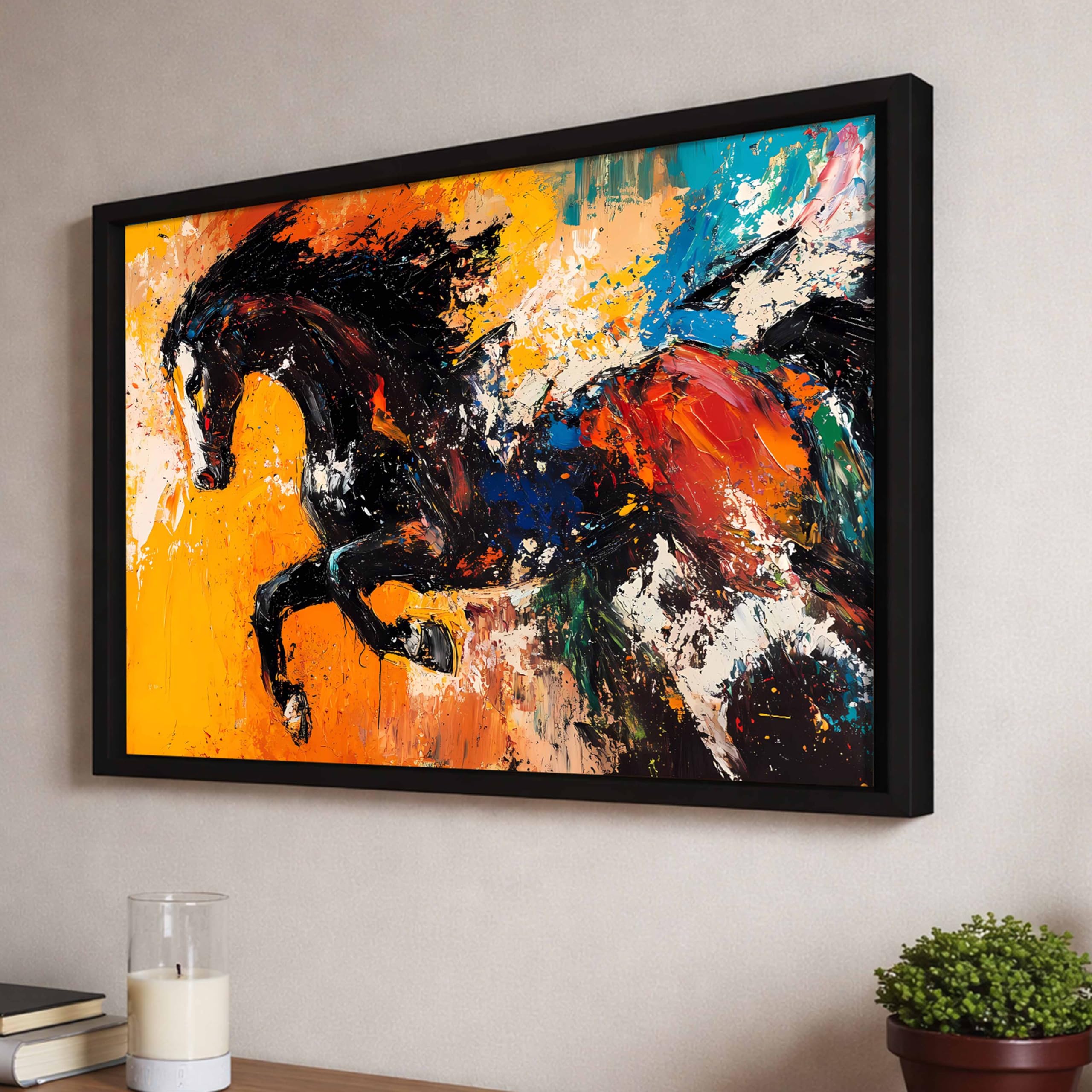 Running Horse Vastu Framed Wall Art Painting For Living Room| Abstract Horse Painting With Frame Symbol Of Strength & Confidence