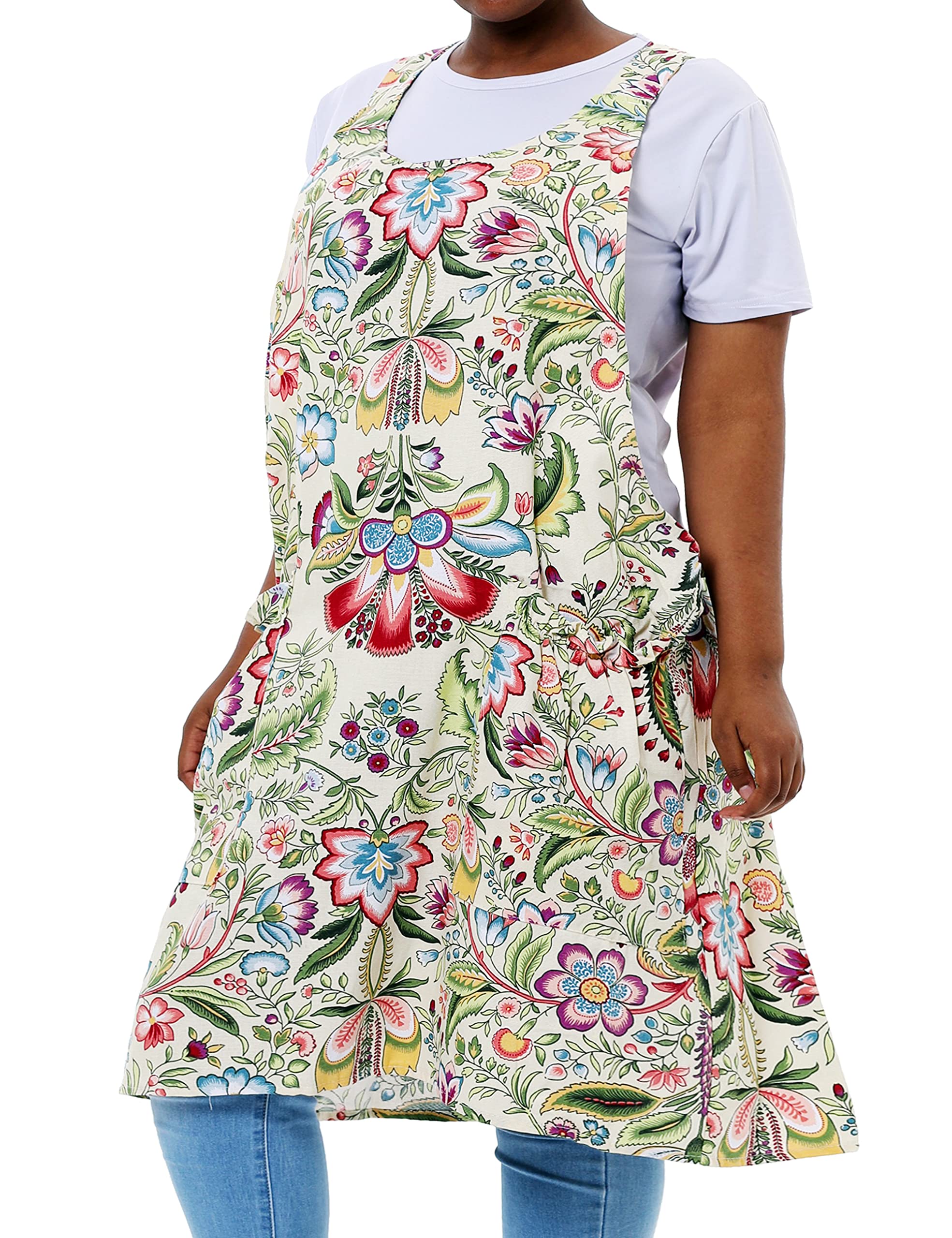 Apronner Big Plus Size Aprons For Women With Pockets Cotton Linen Baking Kitchen Cooking Yellow Flowers