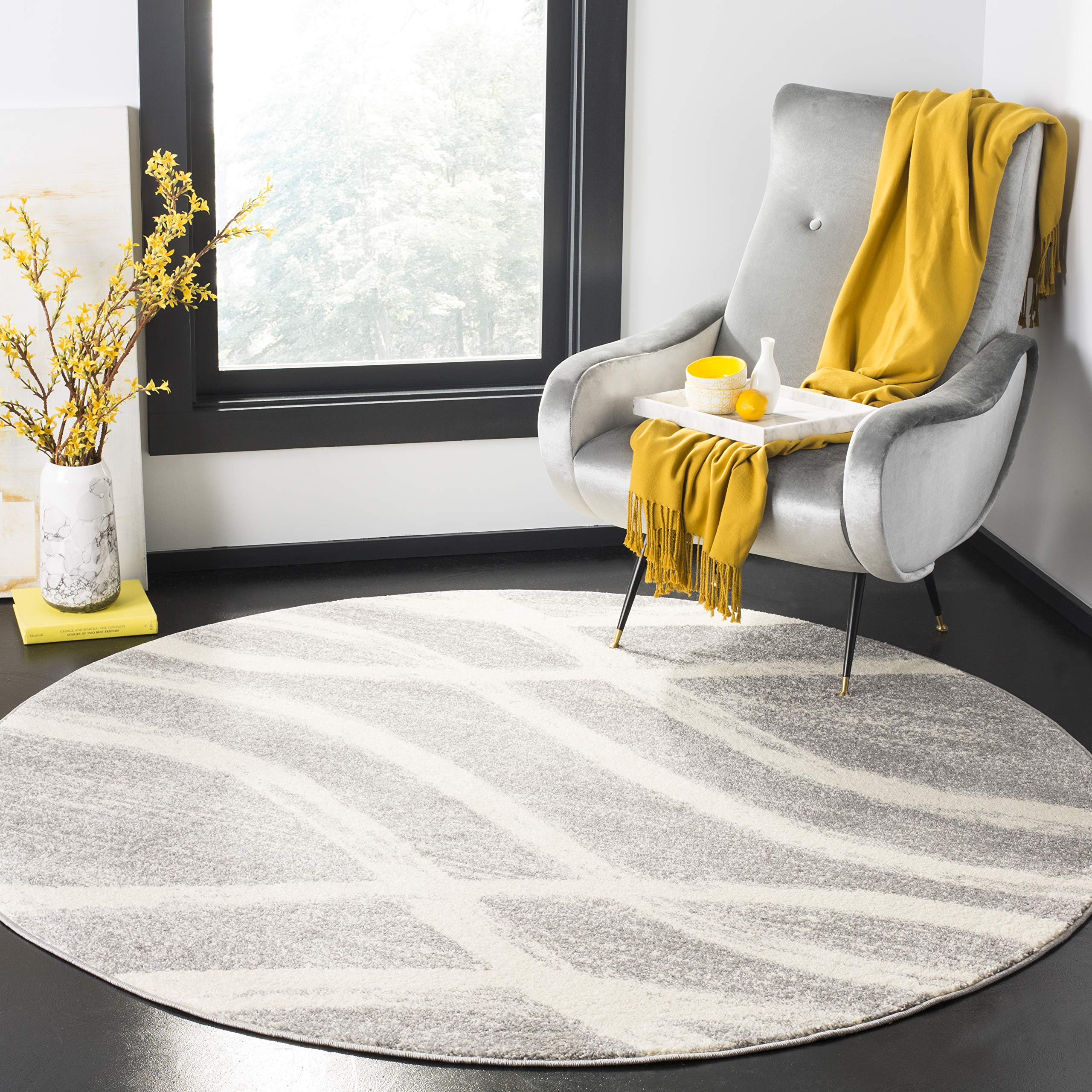SAFAVIEH Adirondack Collection Area Rug - 3 Round, Grey & Cream, Modern Wave Distressed Design, Non-Shedding & Easy Care, Ideal
