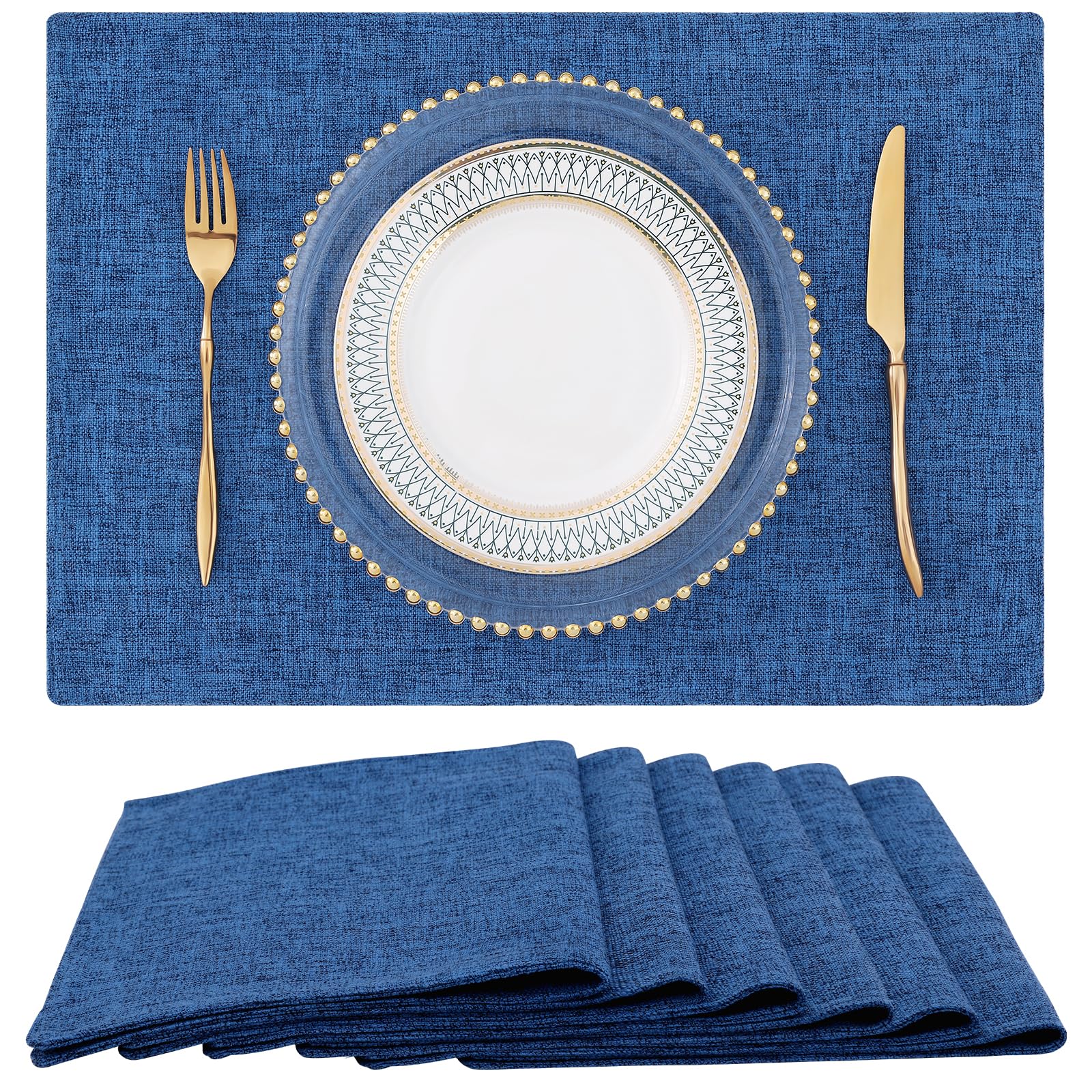 Homing Navy Blue Cotton Linen Blend Placemats For Dining Table Set Of 6 - Washable Farmhouse Kitchen Mats For Indoors & Outdoors