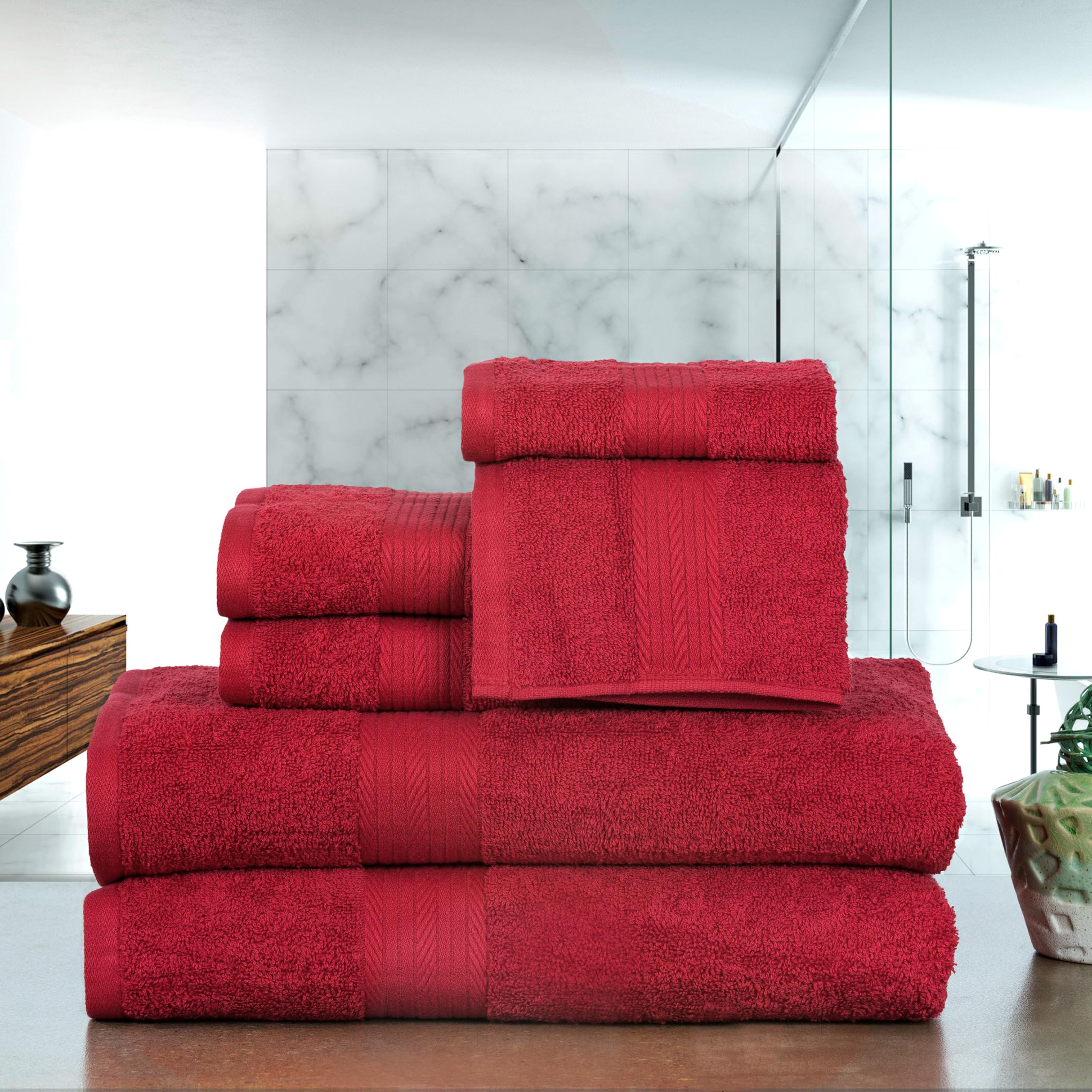 Ample Decor 100% Cotton 6 Piece Bathroom Towels Set  2 Bath Towels  2 Hand Towels  2 Washcloths  Quick Drying - Christmas Red Towel Sets