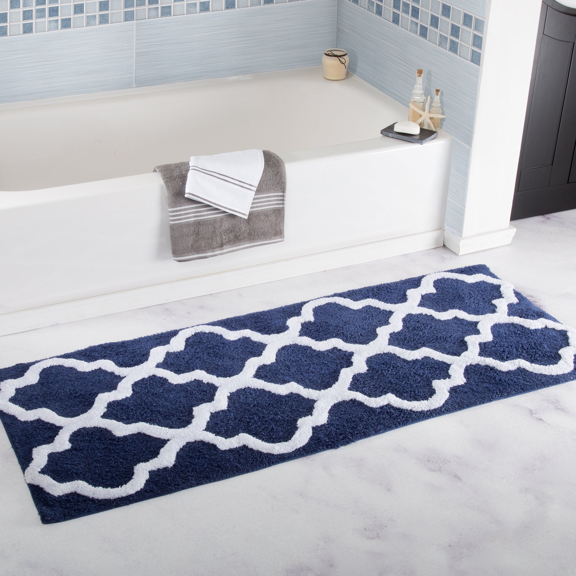 Lavish Home 100% Cotton Trellis Bathroom Mat - 24X60 Inches - Navy