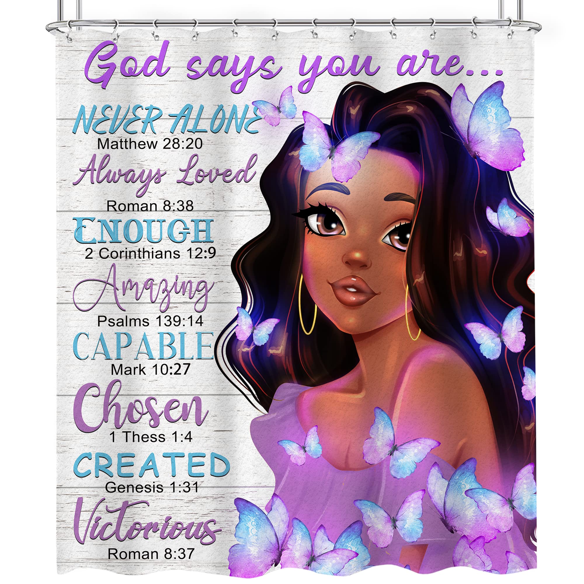 Omifly Black Girl Shower Curtain 60Wx72H Inch African American Woman Purple Butterfly Bible Verse Motivational Quote Scripture C