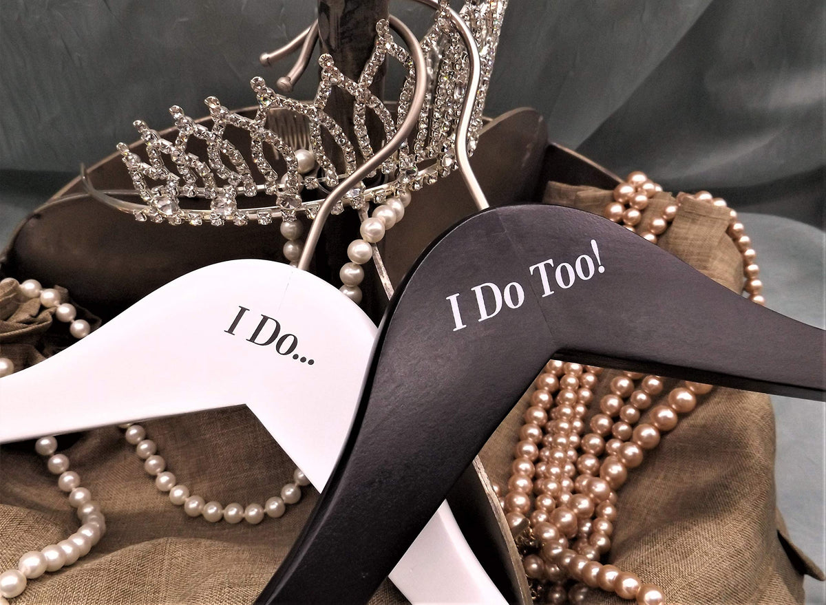 Nahanco Ido20117 Bridal Hanger Set, White Wooden Hangers Imprinted With I Do And I Do Too, 17 (2 Piece Set)