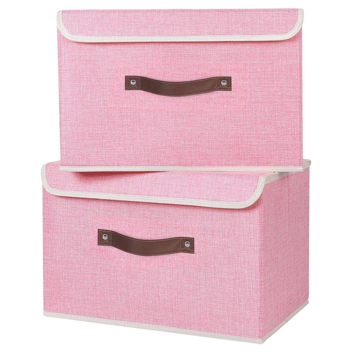 Anminy 2Pcs Storage Bins With Lid Pu Leather Handles Storage Boxes Pp Plastic Board Decorative Foldable Lidded Cotton Linen Fabr