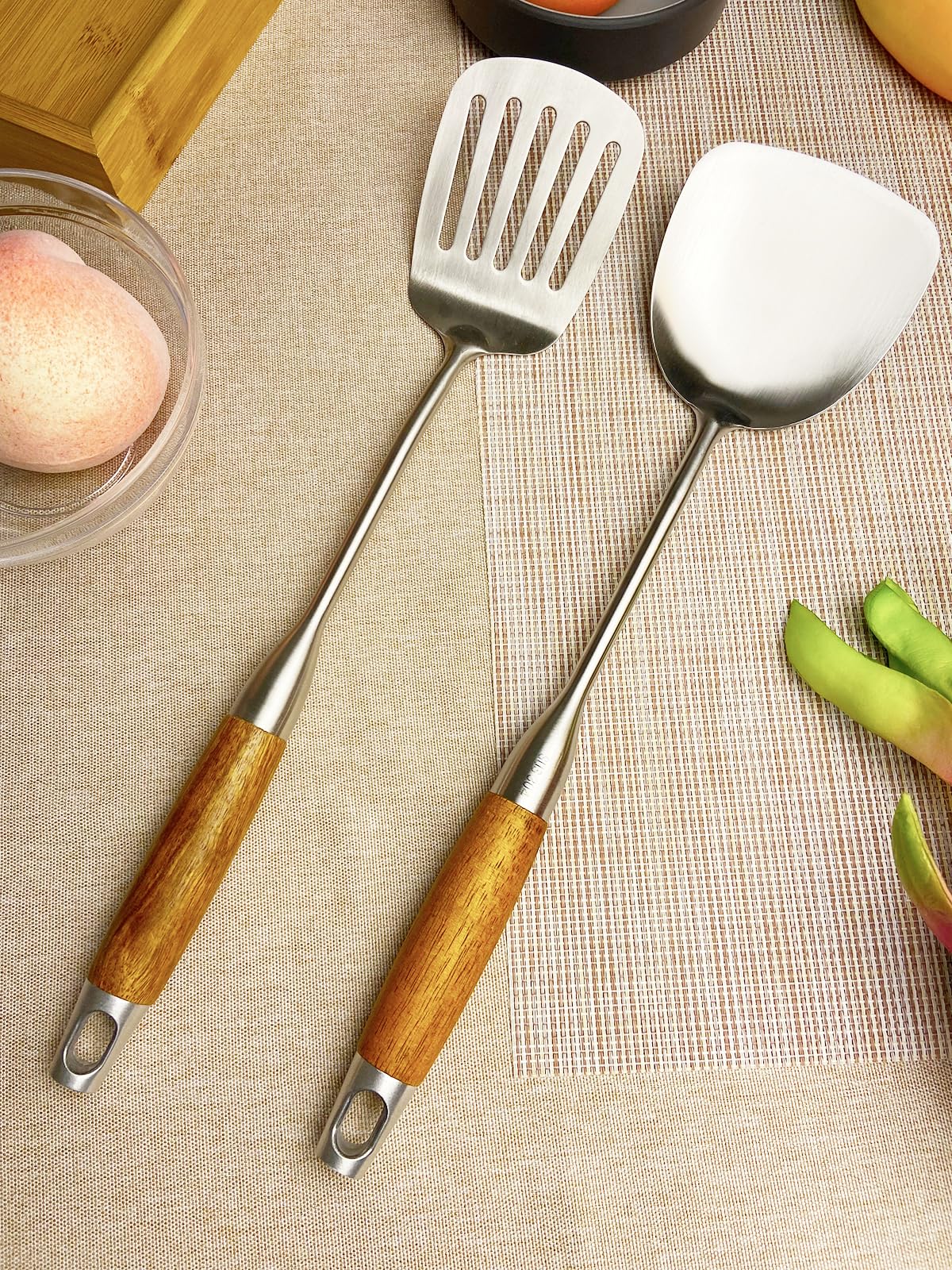 Klaqqed 2Pcs Wok Spatula Stainless Steel Set, Stainless Steel Metal Wok Spatulas Utensils Set For Cooking,Wide Long Wood Handle