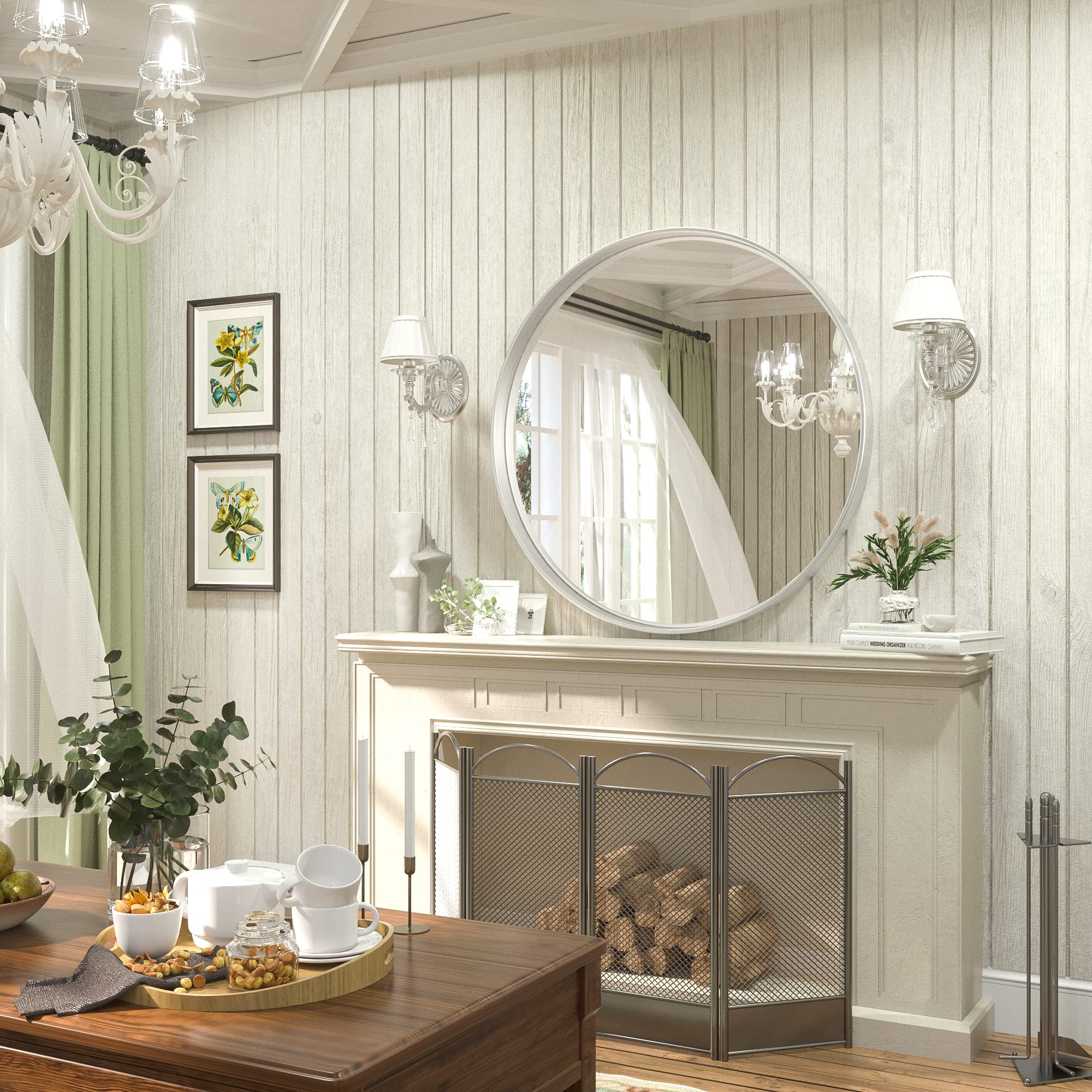 Tetote Round Mirror 36 Inch, Silver Circle Mirrors For Bathroom, Brushed Nickel Metal Framed Wall Mounted Entryway Modern Decora