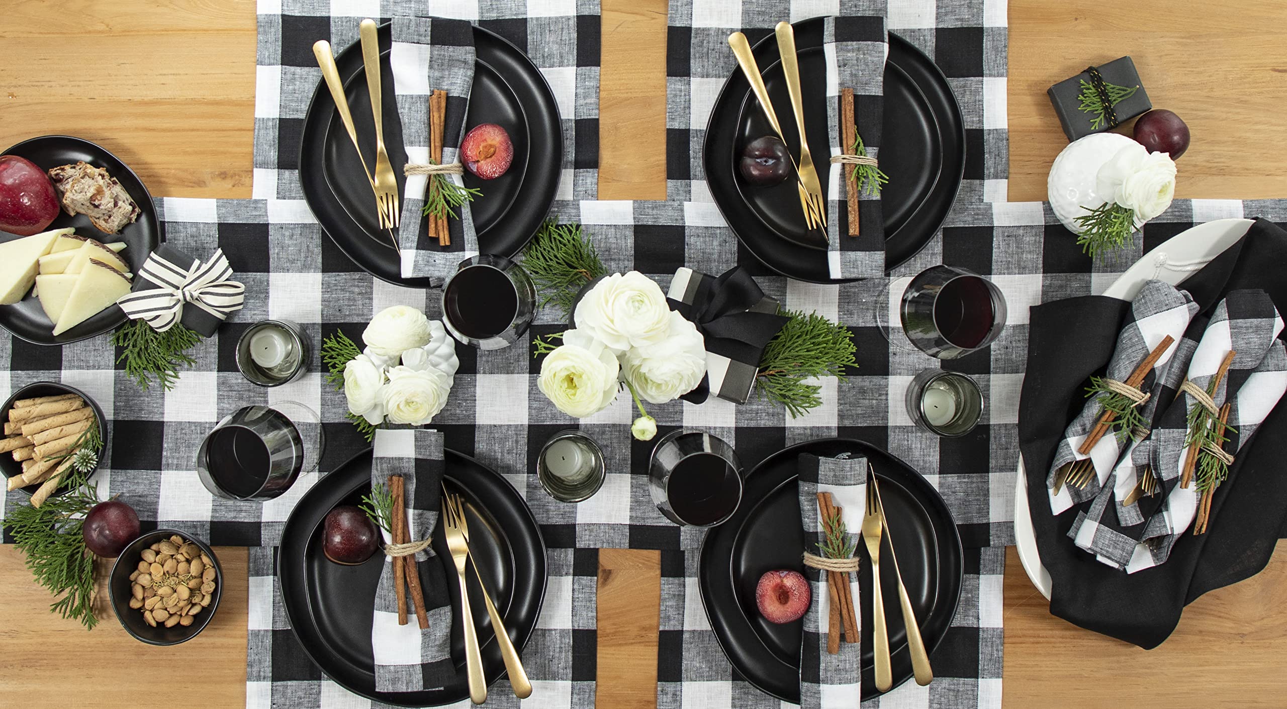 Solino Home Buffalo Check Linen Table Runner 36 Inch - 100% Pure Linen Black And White Plaid Table Runner 14 X 36 Inch Ideal For
