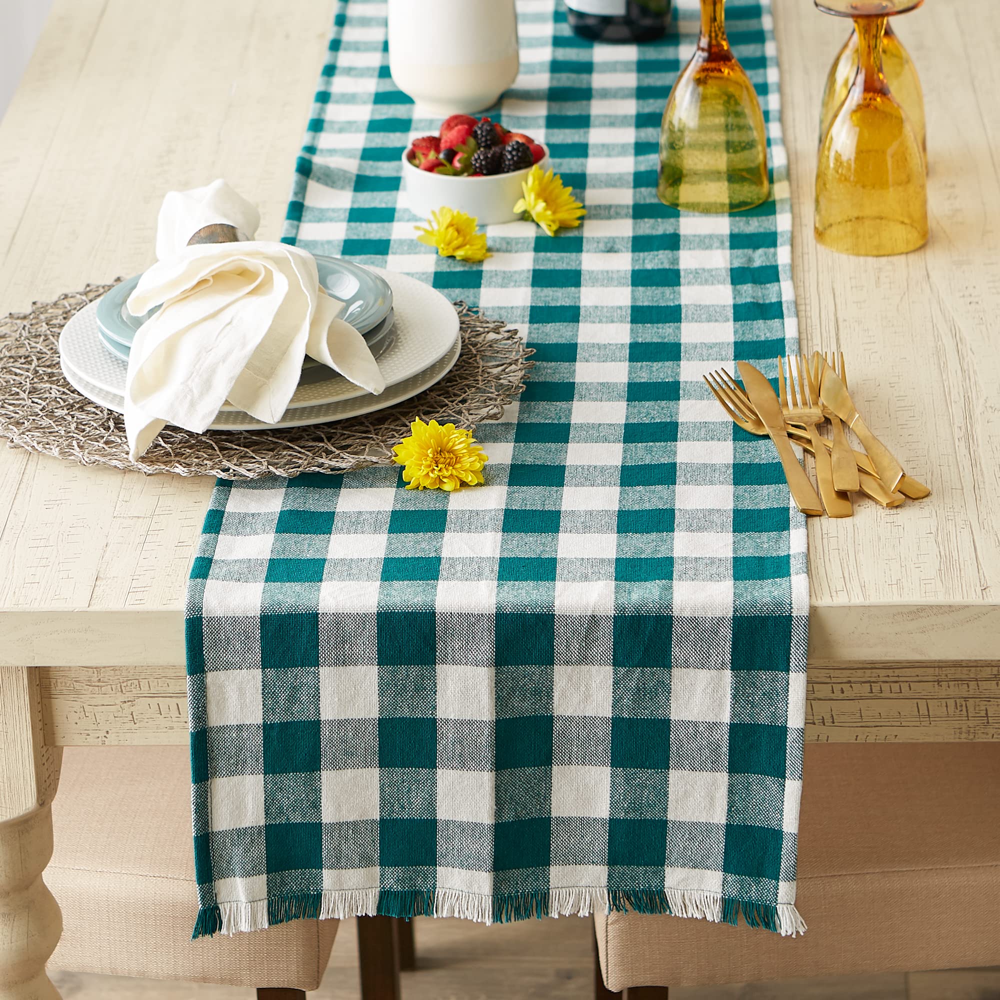 DII Heavyweight Fringed Check Tabletop Collection  Table Runner  14x108  Teal