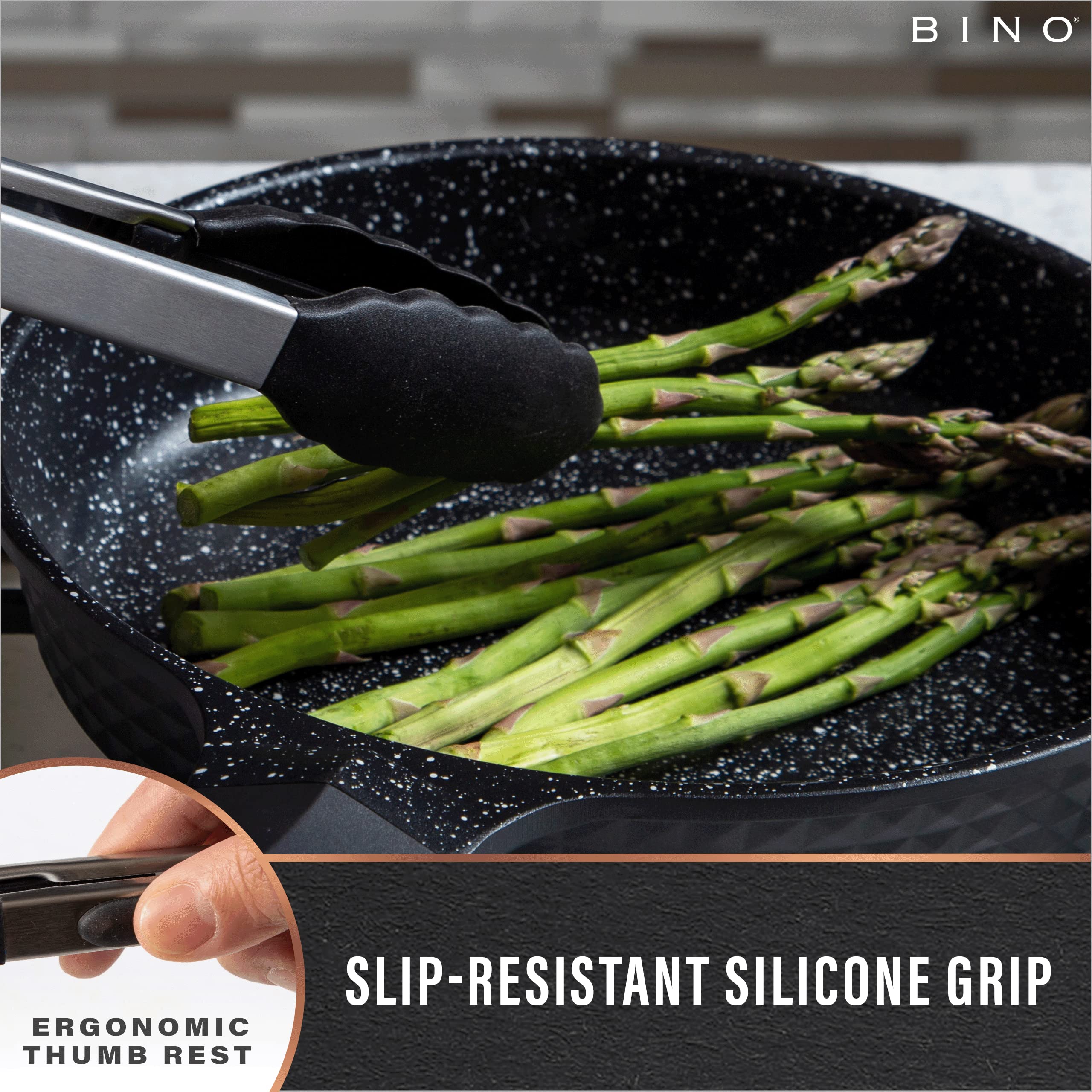 Bino 2-Piece Silicone Tipped Stainless Steel Tongs Set - Black | Locking Tongs | Kitchen Utensil & Tool For Cooking & Serving |