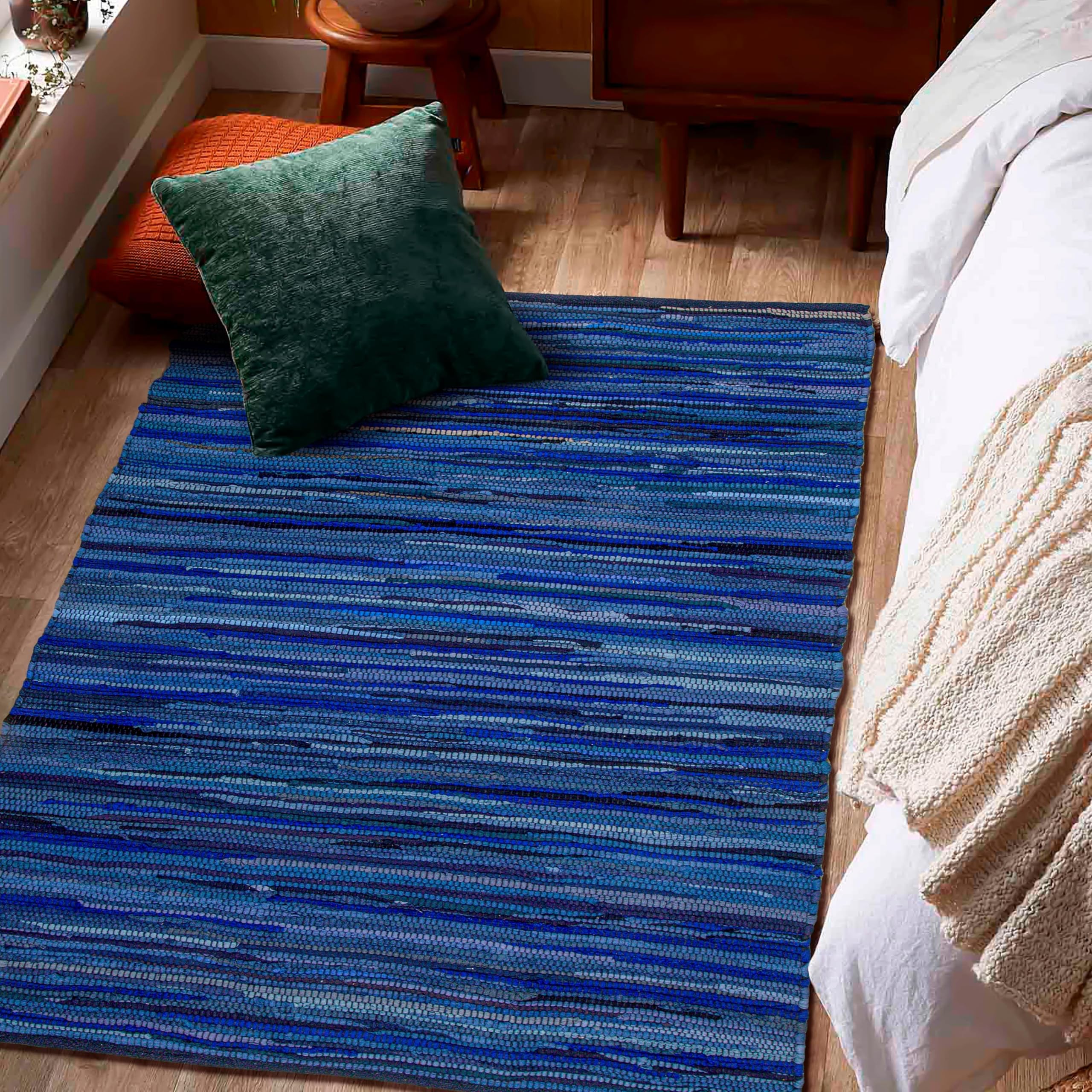 100% Cotton Rag Rug 3x5' Multicolor Chindi Rug - Hand Woven & Reversible for Living Room Kitchen Entryway Rug - Navy,Kitchen Rug