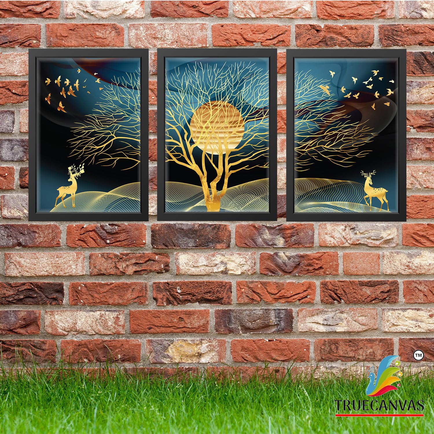 Truecanvas Abstract Painting Set Of 3 Wall Hanging Hd Print Poster Framed For Home, Living Room Gallery & Office, Black, Size -