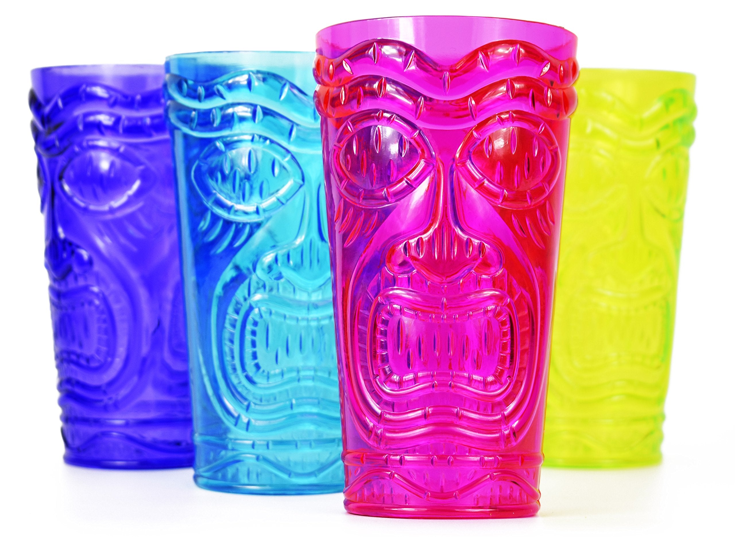 Black Duck Brand Tiki Cups Set of 4, 18 oz BPA-Free Drinkware, Bright Colors: Purple, Neon Green, Bright Blue, Hot Pink