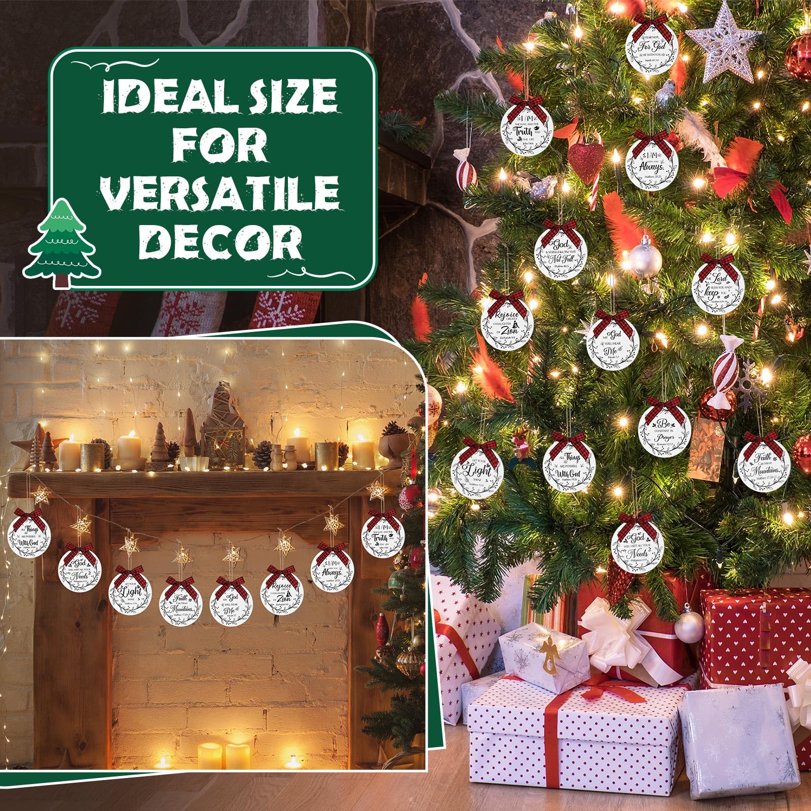 Soaoo 60 Pcs Bible Verses Ornaments Wooden Hanging Sign with Buffalo Plaid Bow and Ropes for Xmas Tree Religious Christian Gifts