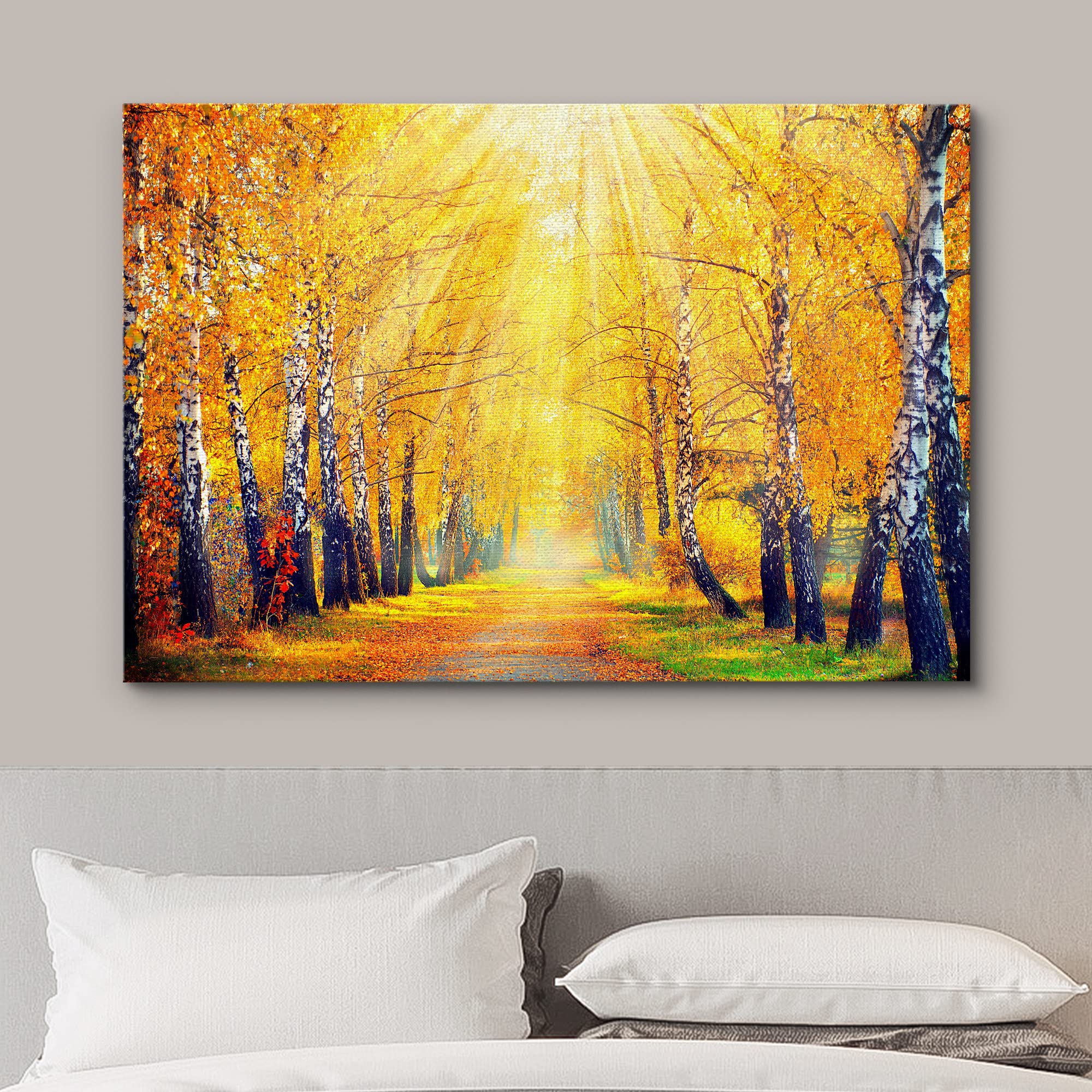 wall26 Canvas Print Wall Art Sunlight Shine Over Yellow Autumn Forest Path Nature Wilderness Photography Modern Art Rustic Scenic Colorful Multicolor for Living Room  Bedroom  Office - 32''x48''