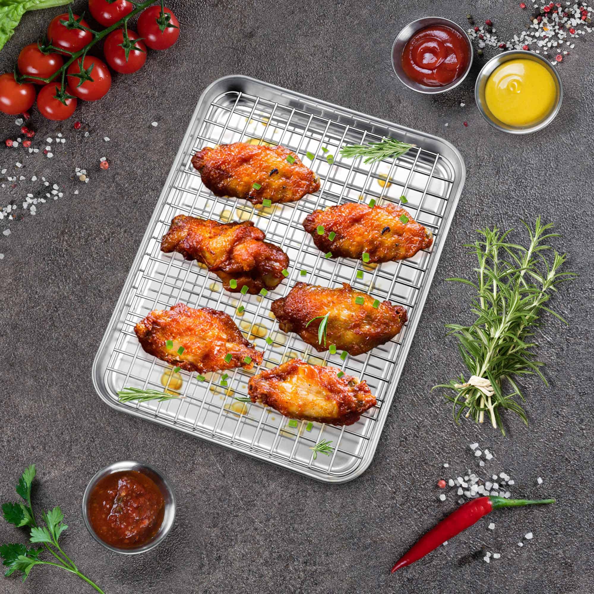 9 Inch Mini Toaster Oven Pan With Rack Set, P&P Chef Stainless Steel Small Baking Pan Tray And Grid Cooling Rack For Cooking/Roa