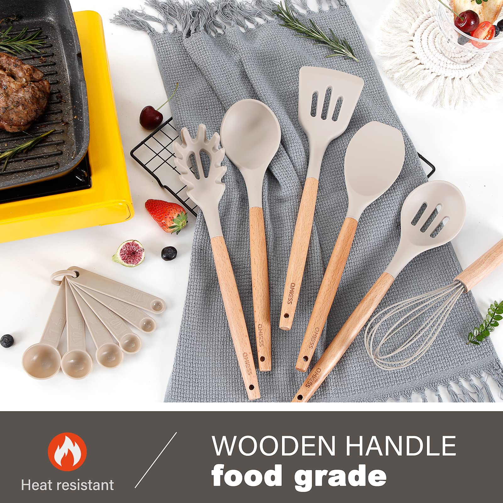 Kitchen Utensils Set Qmvess 35 Pcs Non-Stick Silicone Cooking Utensils Set With Holder Sturdy Insulation Wooden Handle Heat Resi