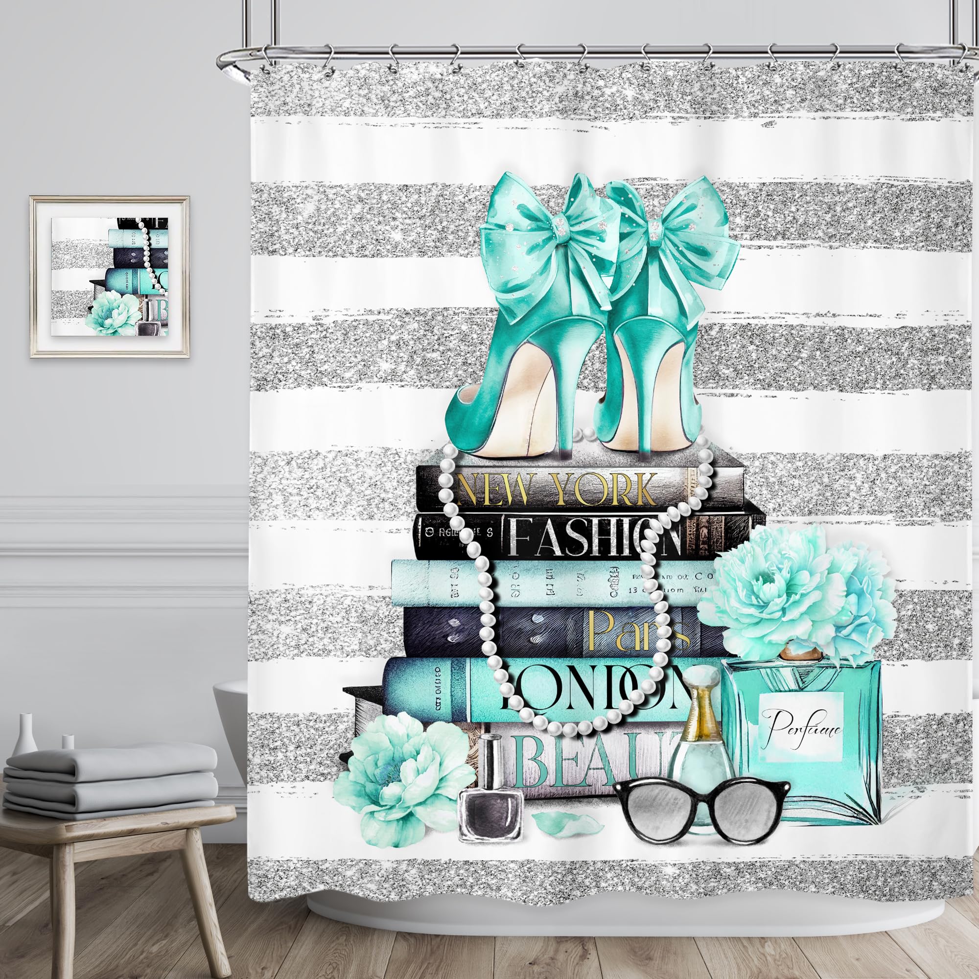 Riyidecor Fashion Women Shower Curtain 72Wx72H Inch Modern Teal Silver Magazine Book Girly White Stripe Rose Flower High Heel Ma