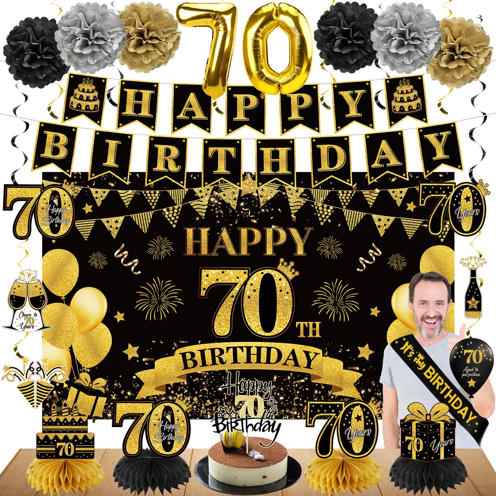 Eucutur 42Pcs 70Th Birthday Decoration Kit For Men Women, Black Gold Happy 70Th Bday Banner Balloons Honeycomb Centerpiece Swirl