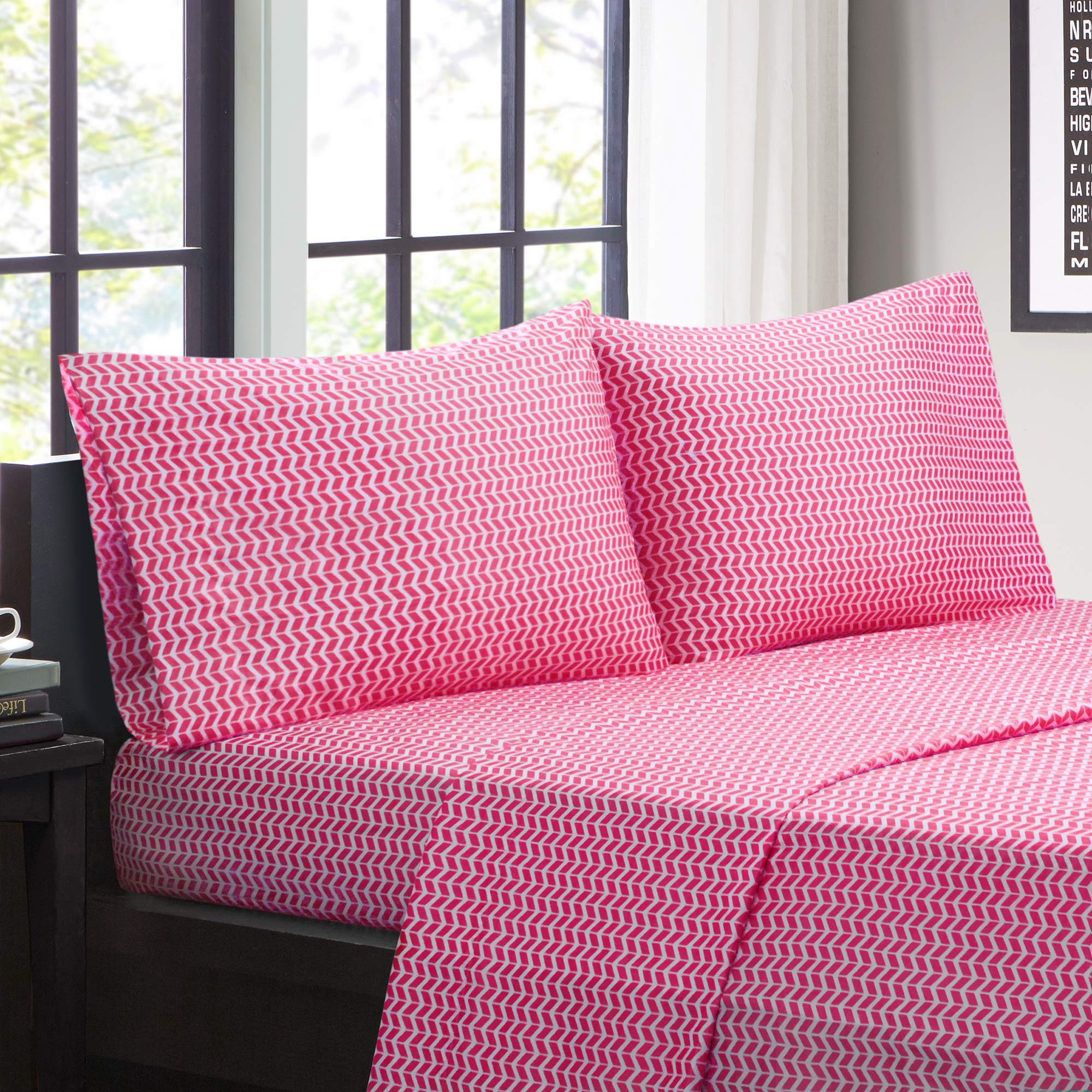 Intelligent Design Chevron Full Size Sheets, Causal Microfiber Bed Sheets, Pink Sheet Set 4Piece Include Flat Sheet, Fitted She