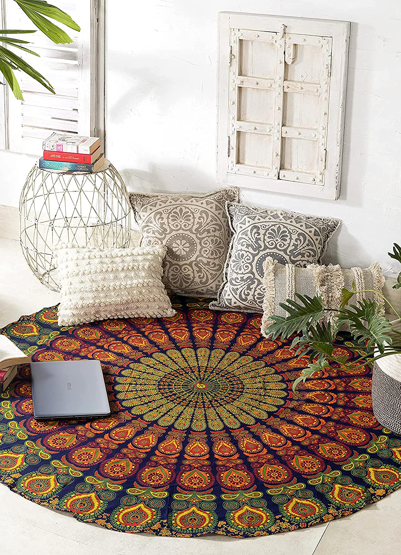 Raajsee Yellow Mandala Round Beach Tapestry Hippie/Boho Beach Blanket/Indian Cotton Throw Bohemian Round Table Cloth/Aesthetic T