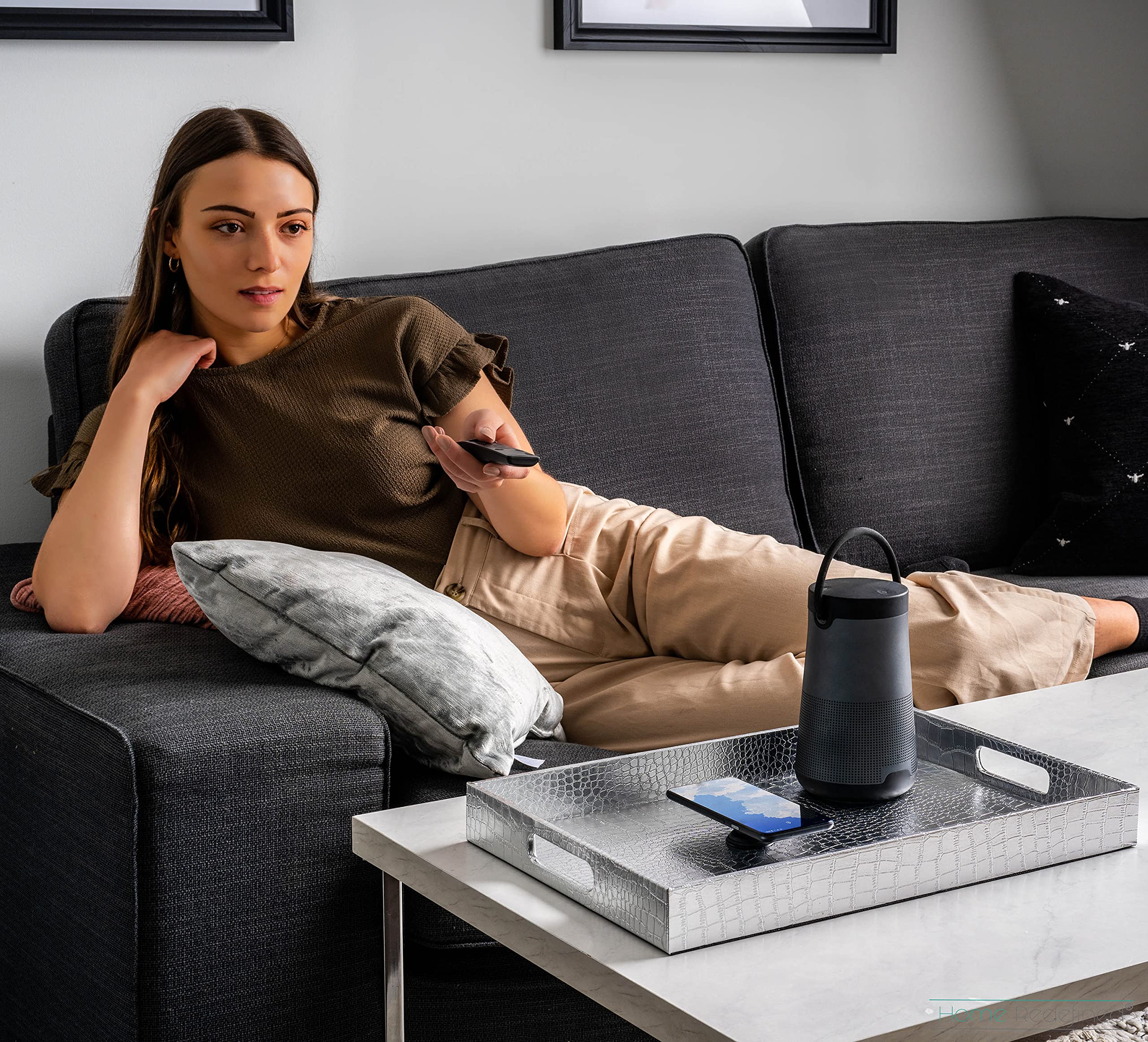 Home Redefined 18   X12    Rectangle Alligator Faux Leather Decorative Serving Tray With Handles, Silver Bathroom Room Decor