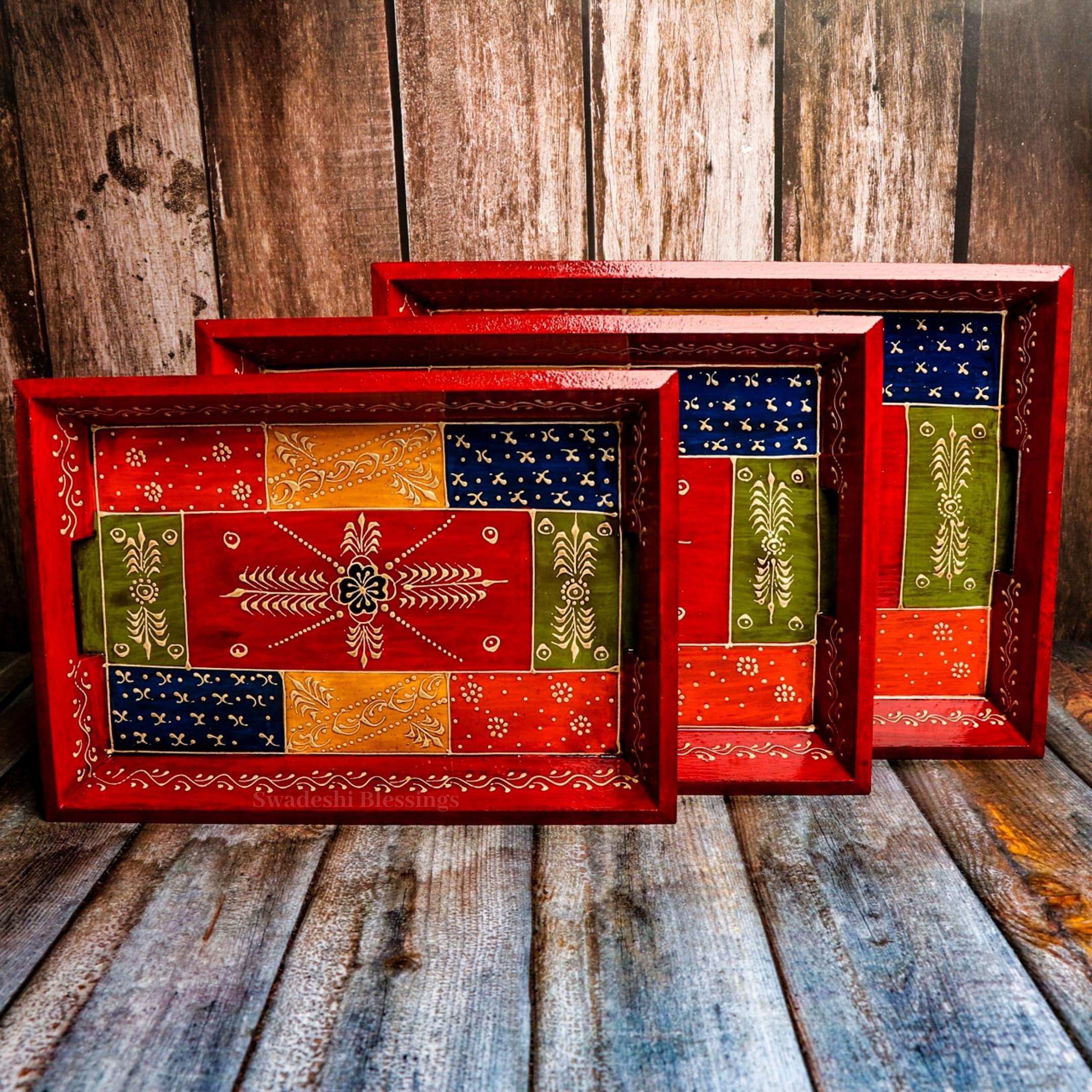 Swadeshi Blessings Handcrafted & Hand-Painted Embossed Wooden Serving Trays Set of 3- for Kitchen/Table & Home Decor/Dinning/Gif