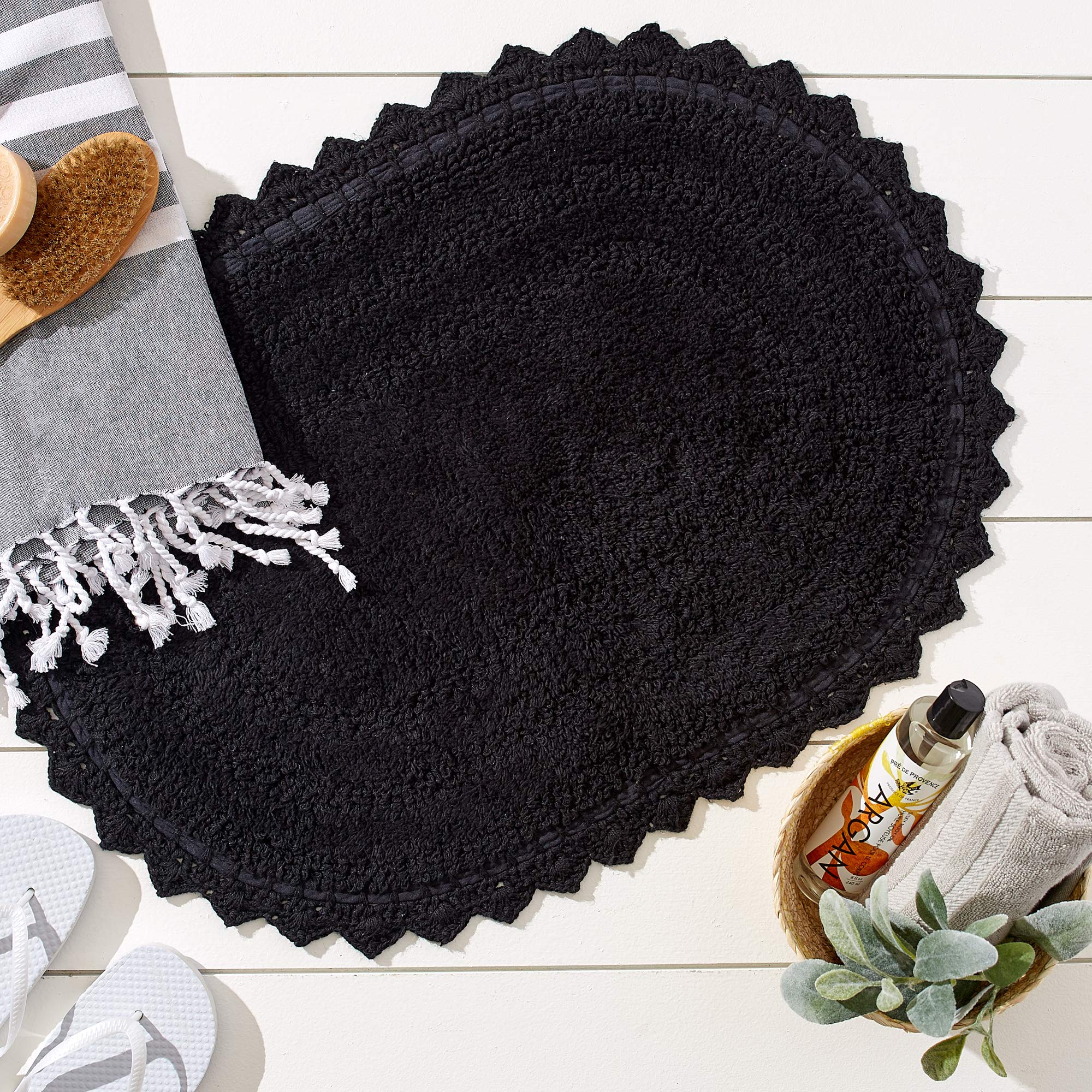 DII Crochet Collection Reversible Bath Mat  Small Oval  17x24  Black