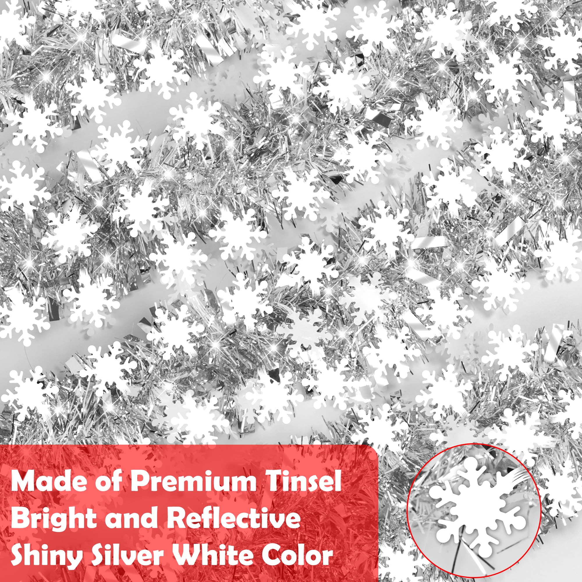 50 FT Christmas Decorations Tinsel Garland, Christmas Snowflake Garland Xmas Shiny Twist Metallic Garlands Decorations for Xmas