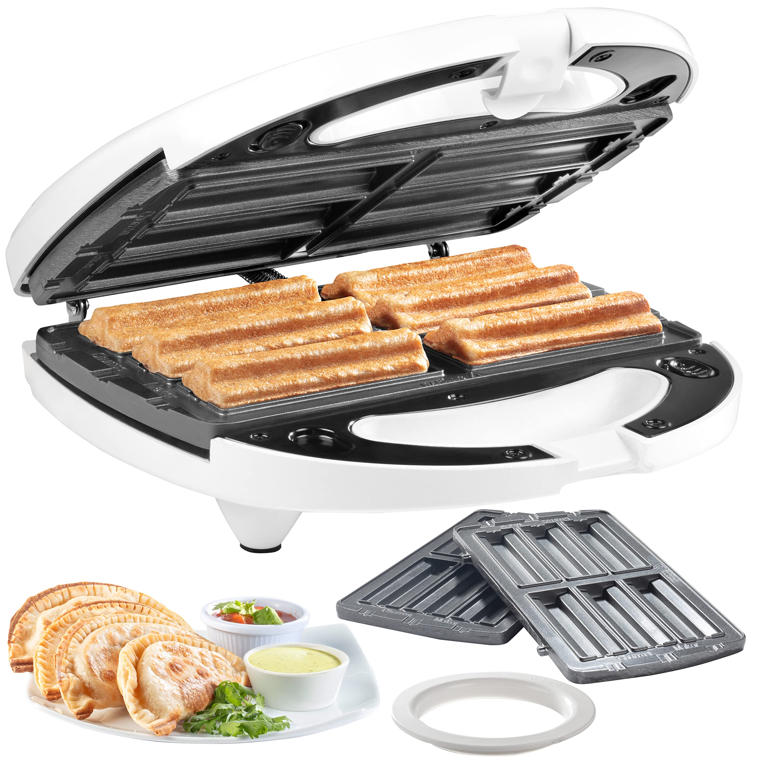 Empanada & Churro Maker Machine- Electric Cooker w 4 Removable Plates- Easier than a Press- Includes Dough Cutting Circle for Ea