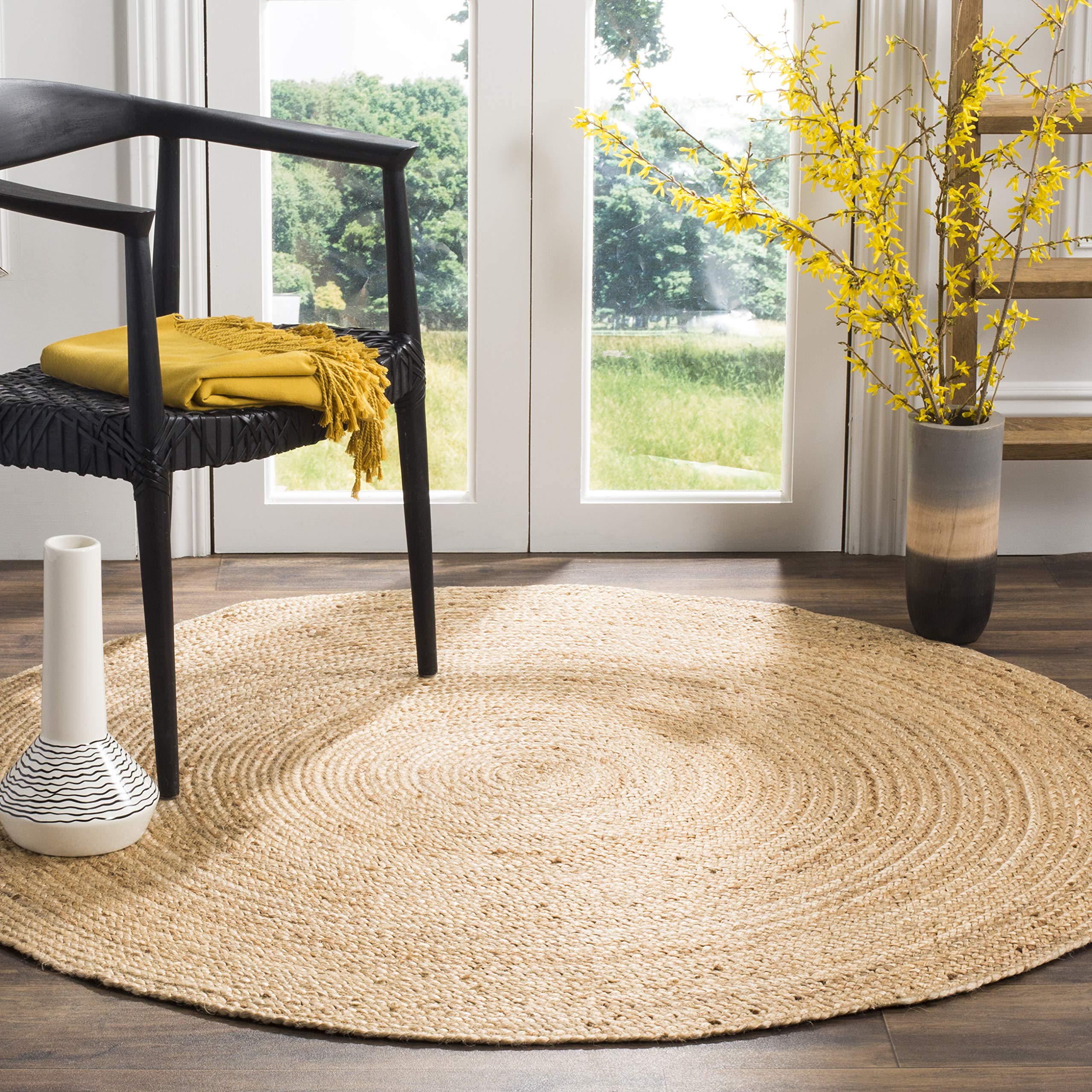 SAFAVIEH Natural Fiber Collection Area Rug - 4 Round, Natural & Natural, Handmade Boho Braided Jute, Ideal for High Traffic Are