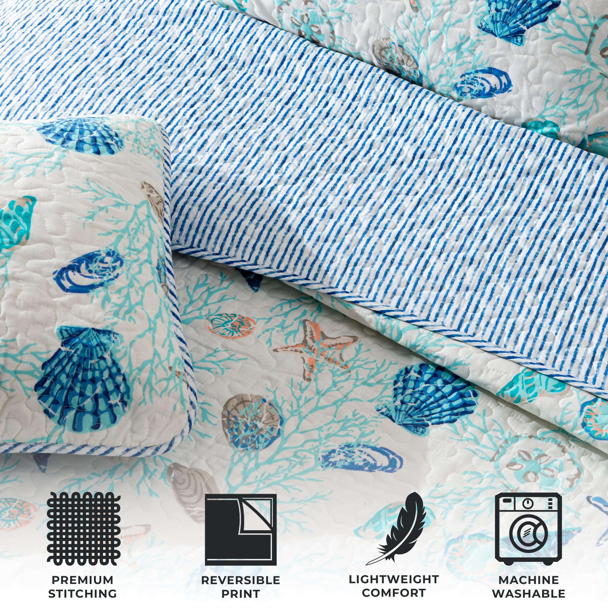 Great Bay Home 3-Piece King Reversible Lightweight Coastal Quilt Comforter With 2 Shams  All-Season, Modern, Beach Bedspreads  B