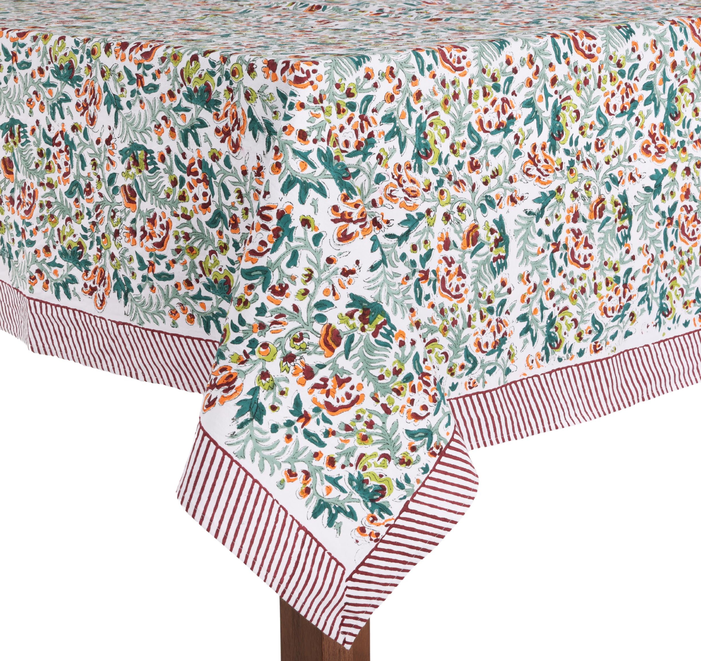 ATOSII Ambrosia Green Floral 100% Cotton Rectangle Fall Tablecloth, Handblock Print Linen Table Cloth for Kitchen Dining I Parti
