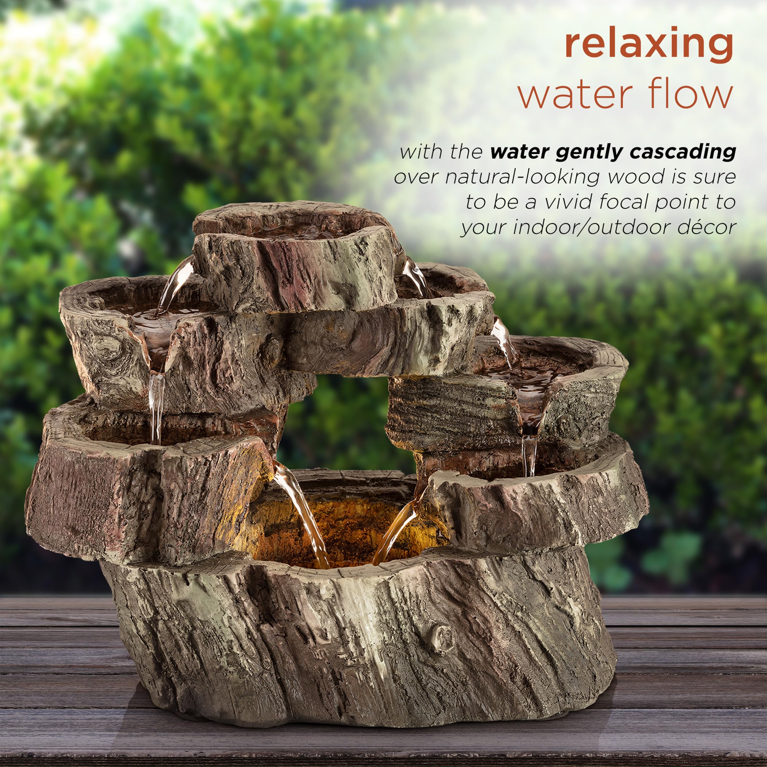 Alpine Corporation WIN1134 10 Indoor Tabletop Tiered Tree Trunk Waterfall Fountain with LED Lights - Rustic Cascading Water Feat