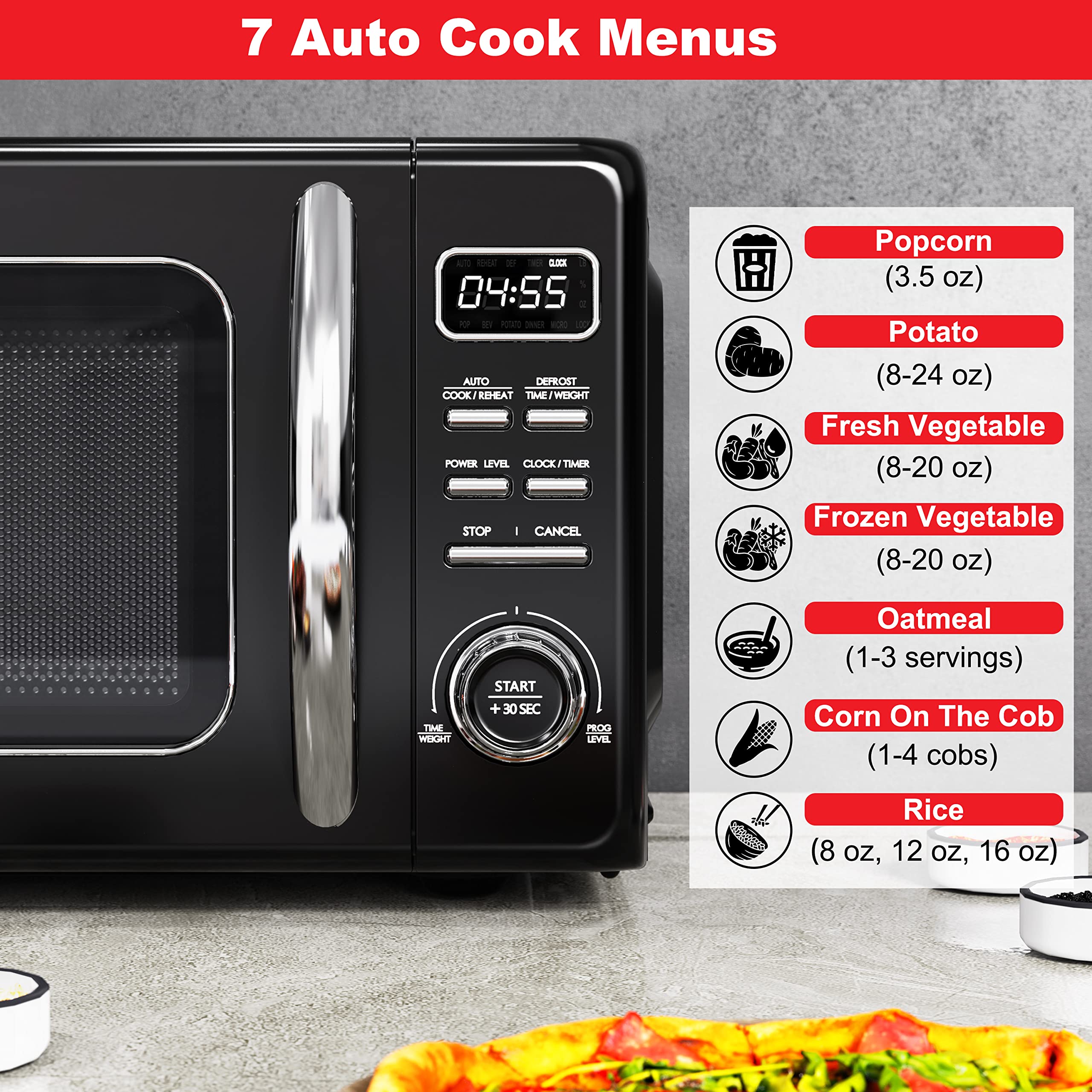 Galanz GLCMKZ11BKR10 Retro Countertop Microwave Oven with Auto Cook & Reheat, Defrost, Quick Start Functions, Easy Clean with Gl