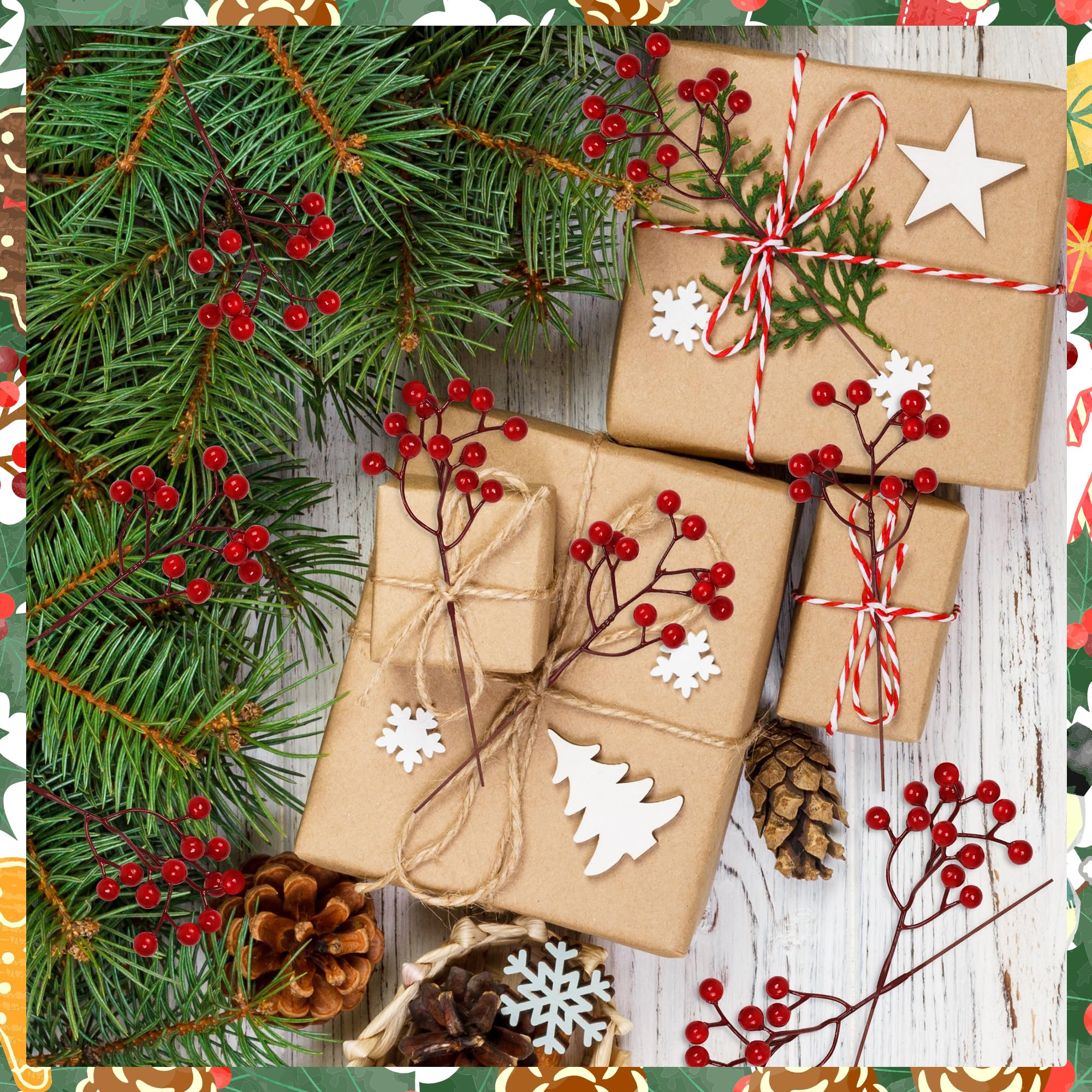 Vipay 24 PCS Christmas Tree Decorations, 7.08 in Red Berry Stem, Artificial Berry Picks Floral Pick for Wreath, Burgundy Holly B