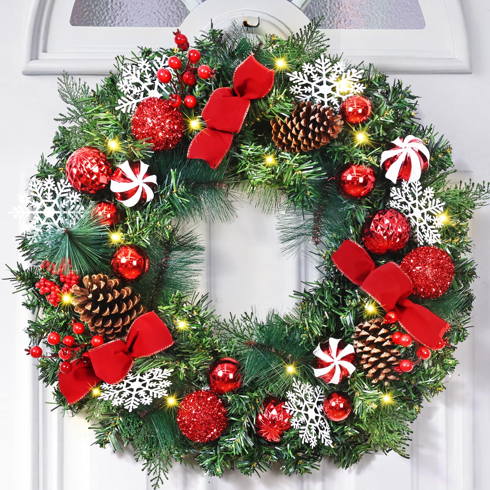Christmas Wreaths for Front Door - 2 Pack 18'' Christmas Wreath with Lights Bow Berries Cones Pine Needles, Christmas Door Wreat