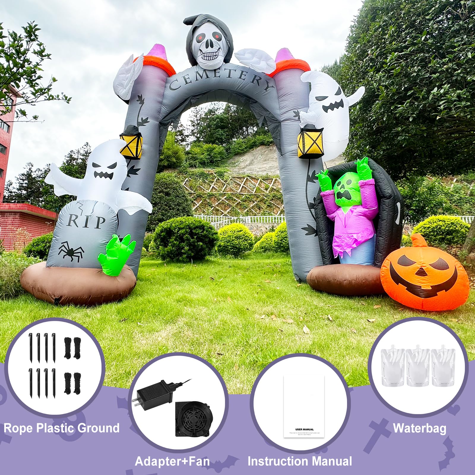 12FT Halloween Inflatable Giant Cemetery Archway with Grim Reaper, Pumpkin and Ghost Spooky Scary Party Blow Up Arch Outdoor Dec