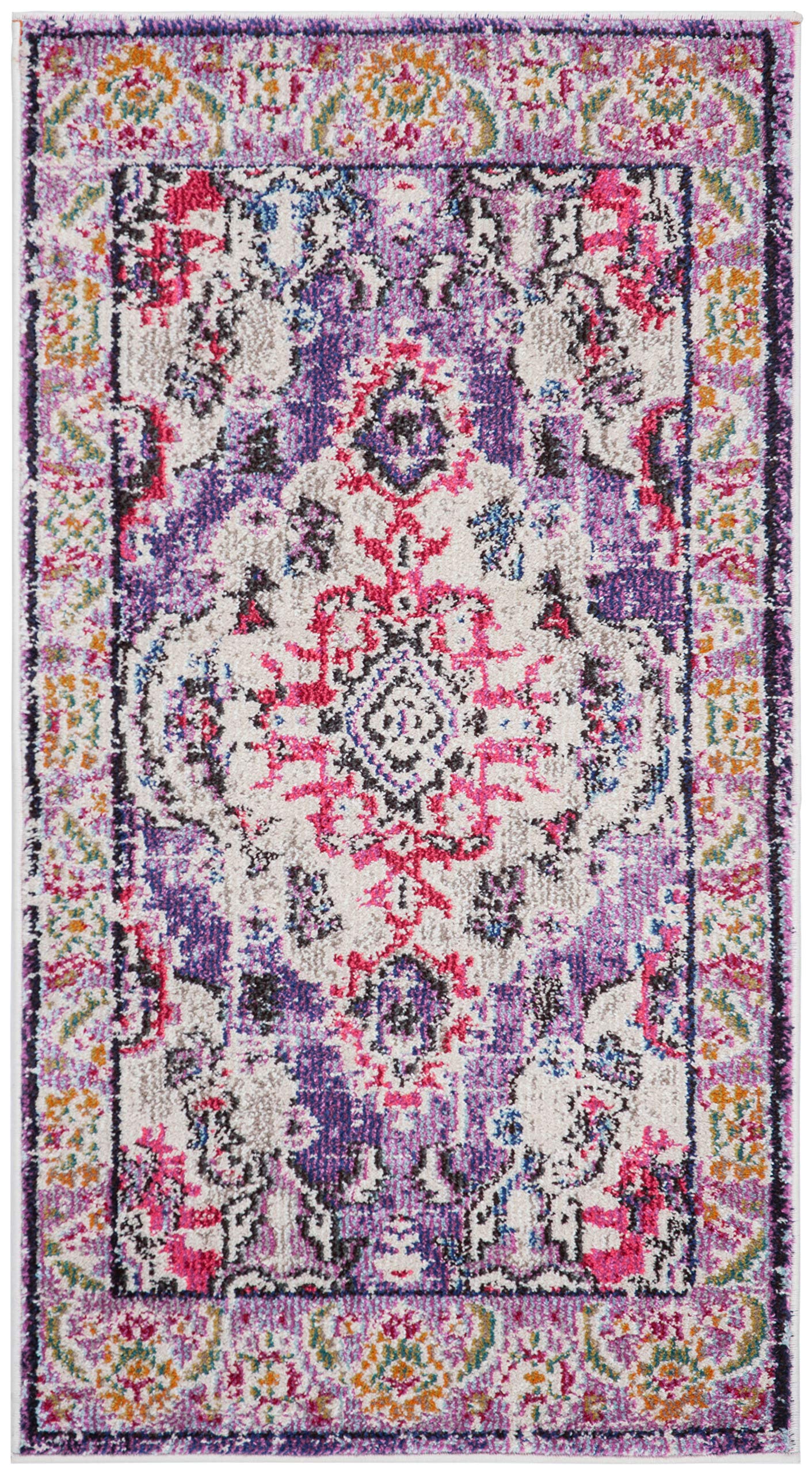 SAFAVIEH Monaco Collection Accent Rug - 22 x 4, Violet & Fuchsia, Medallion Distressed Design, Non-Shedding & Easy Care, Ideal