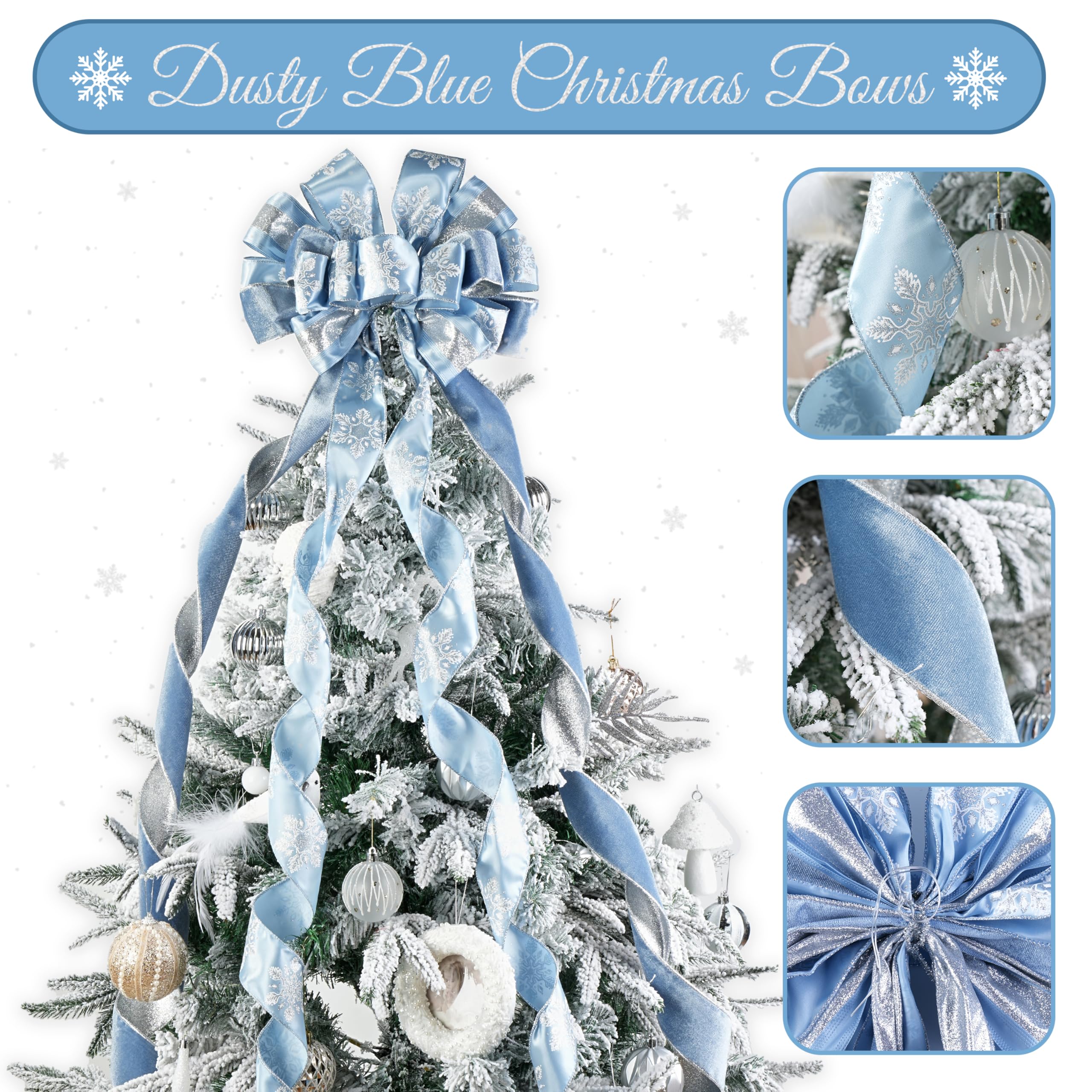 LIZLOVESS Dusty Blue and Silver Christmas Tree Toppers 13 x 53 Inch Large Decorative Bows with Streamer and Snowflake Patterns f