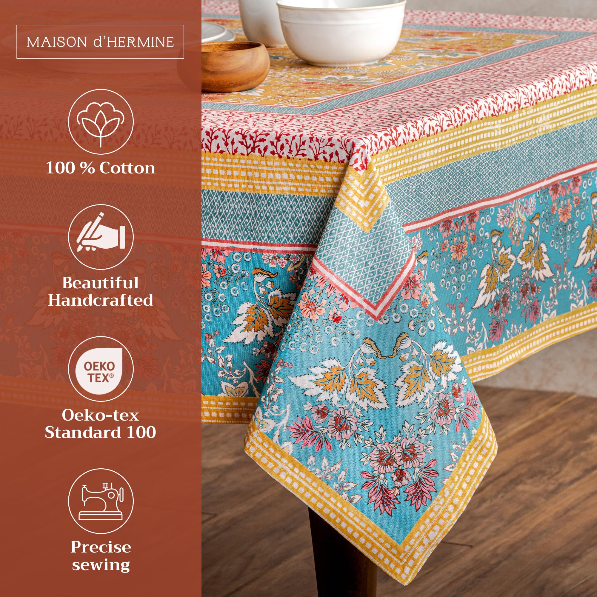 Maison d Hermine Table Cloth Rectangle Table 100% Cotton 60 x 108 Inches Tablecloth Reusable Decorative Everyday Use for Dining