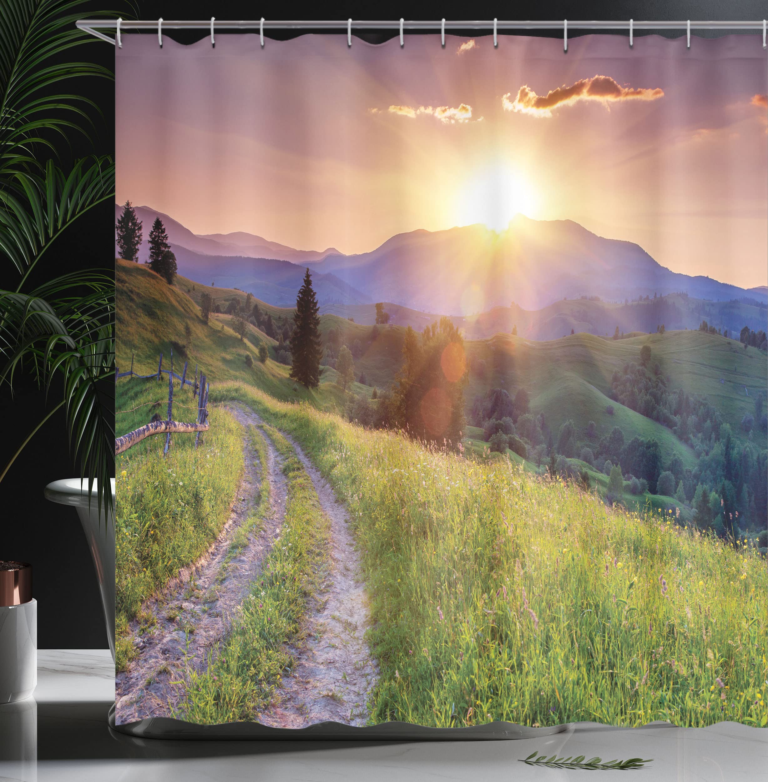 Ambesonne Landscape Shower Curtain, Sunset In The Mountain Landscape Rural Road Forest Countryside Wonderland Print, Cloth Fabri