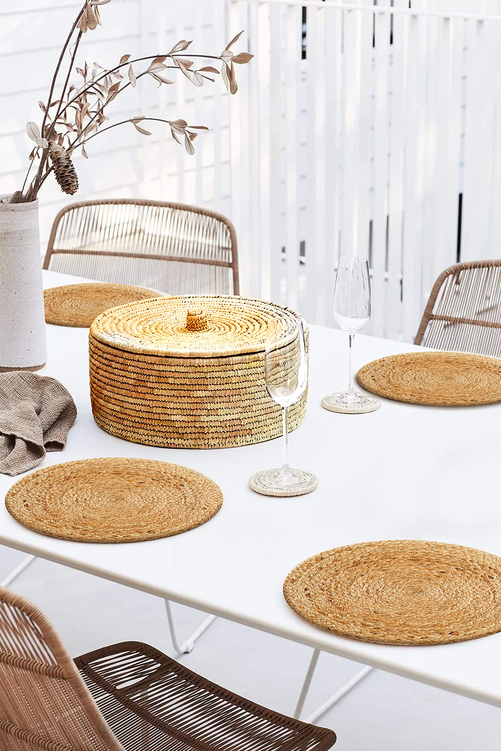 Hausattire Jute Braided Placemats 14 Inches Round Set Of 4 Reversible Handwoven Boho Vintage Placemats For Kitchen Dining Tables