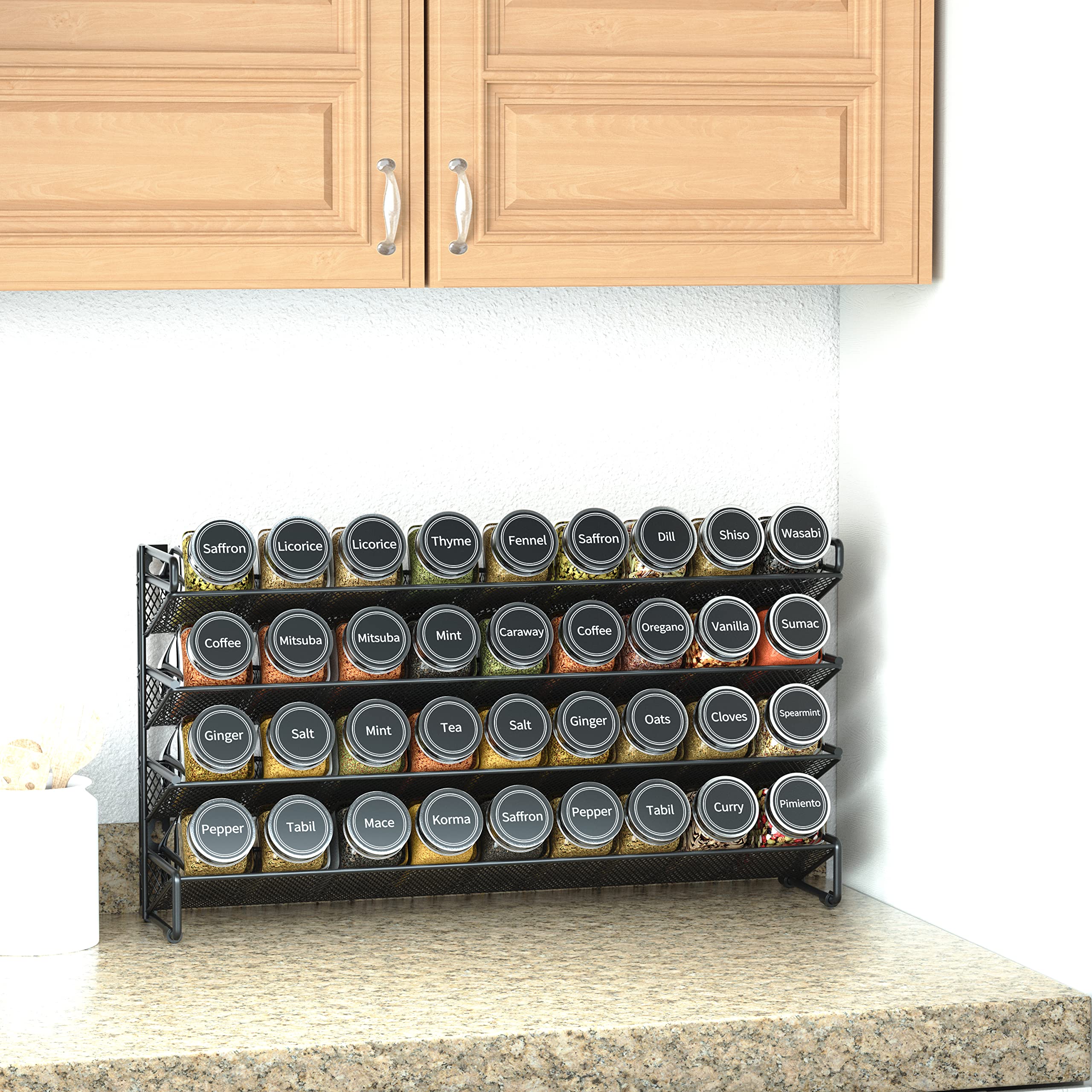 SpaceAid Spice Rack Organizer with 36 Spice Jars, 386 Spice Labels, Chalk Marker and Funnel Set for Cabinet, Countertop, Pantry,