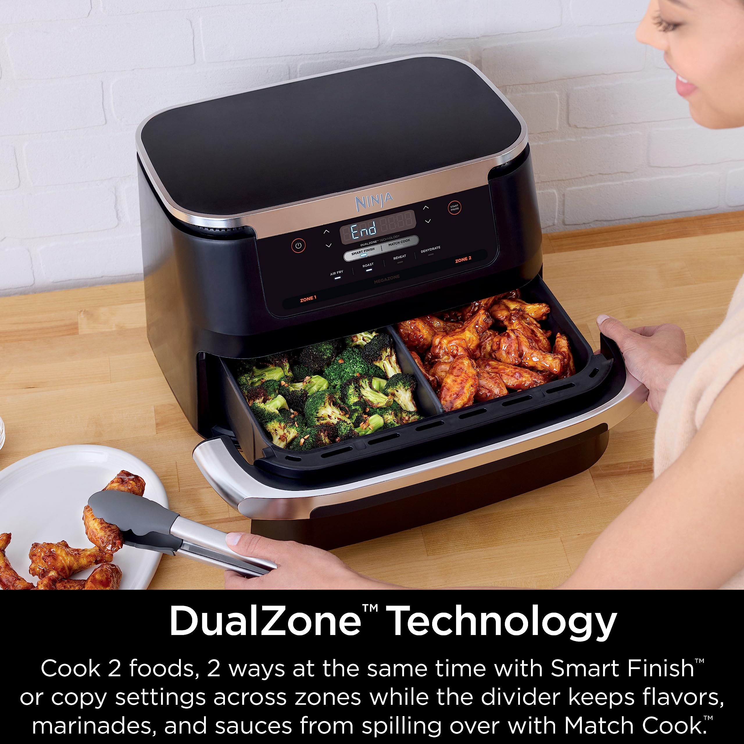 Ninja Dz071 Foodi 6-In-1 Dualzone Flexbasket Air Fryer With 7-Qt Megazone & Basket Divider, Large Proteins & Full Meals, Smart F