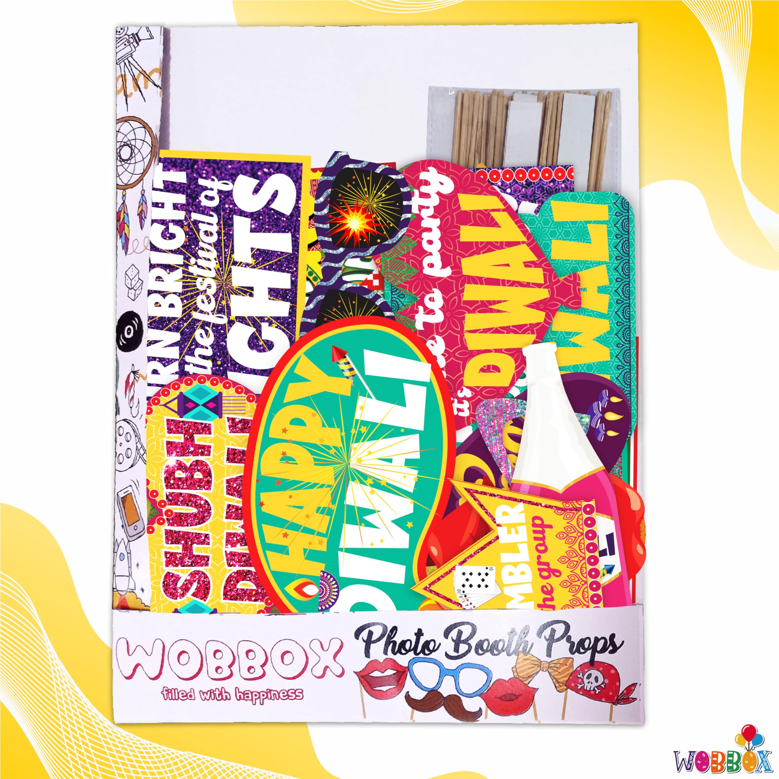 WOBBOX Diwali Decoration Happy Diwali Photo Booth Party Props, Yellow & Purple Colour, Diwali Decoration Item, Diwali Dcor Items