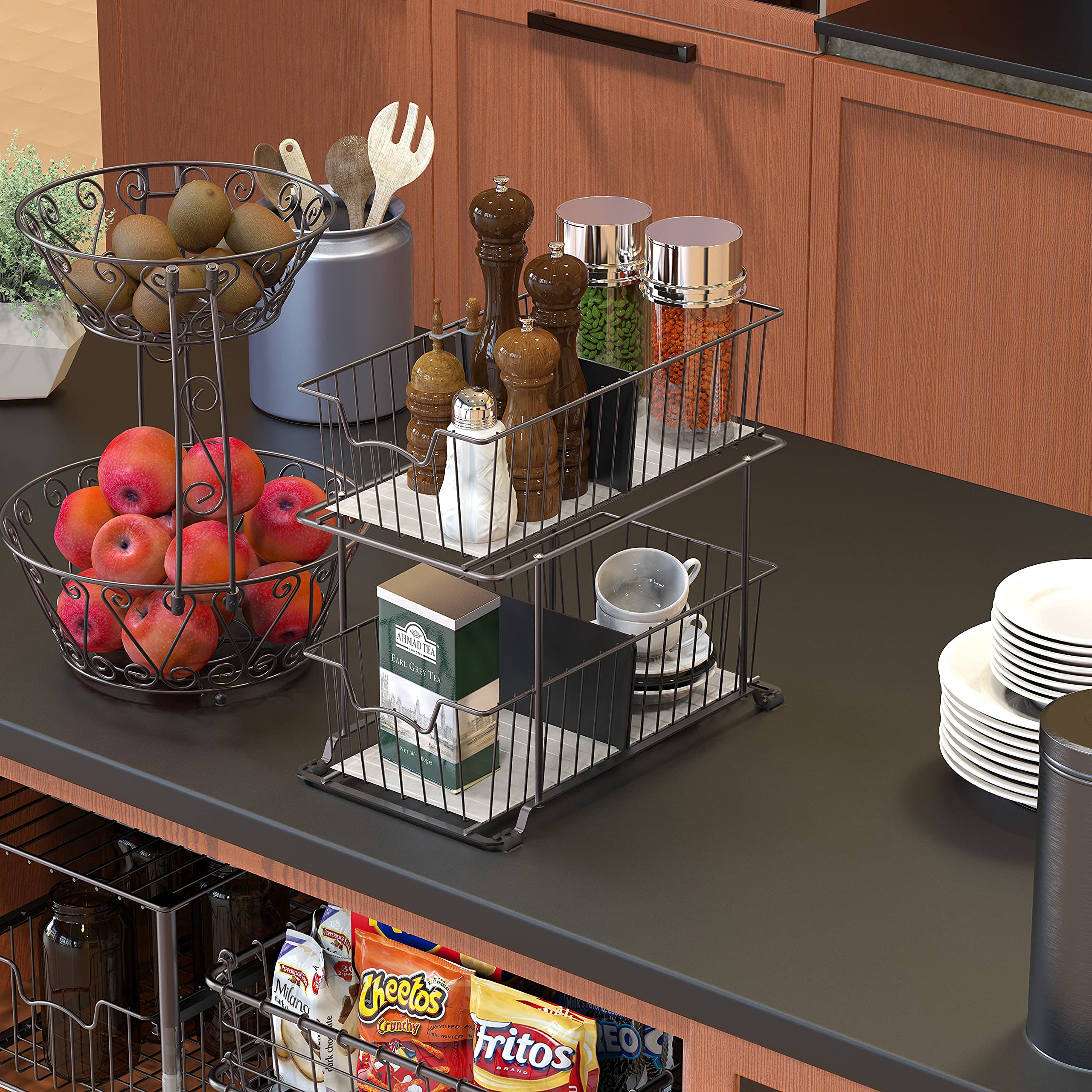 Simplehouseware 2 Tier Cabinet Wire Basket Drawer Organizer, Brown